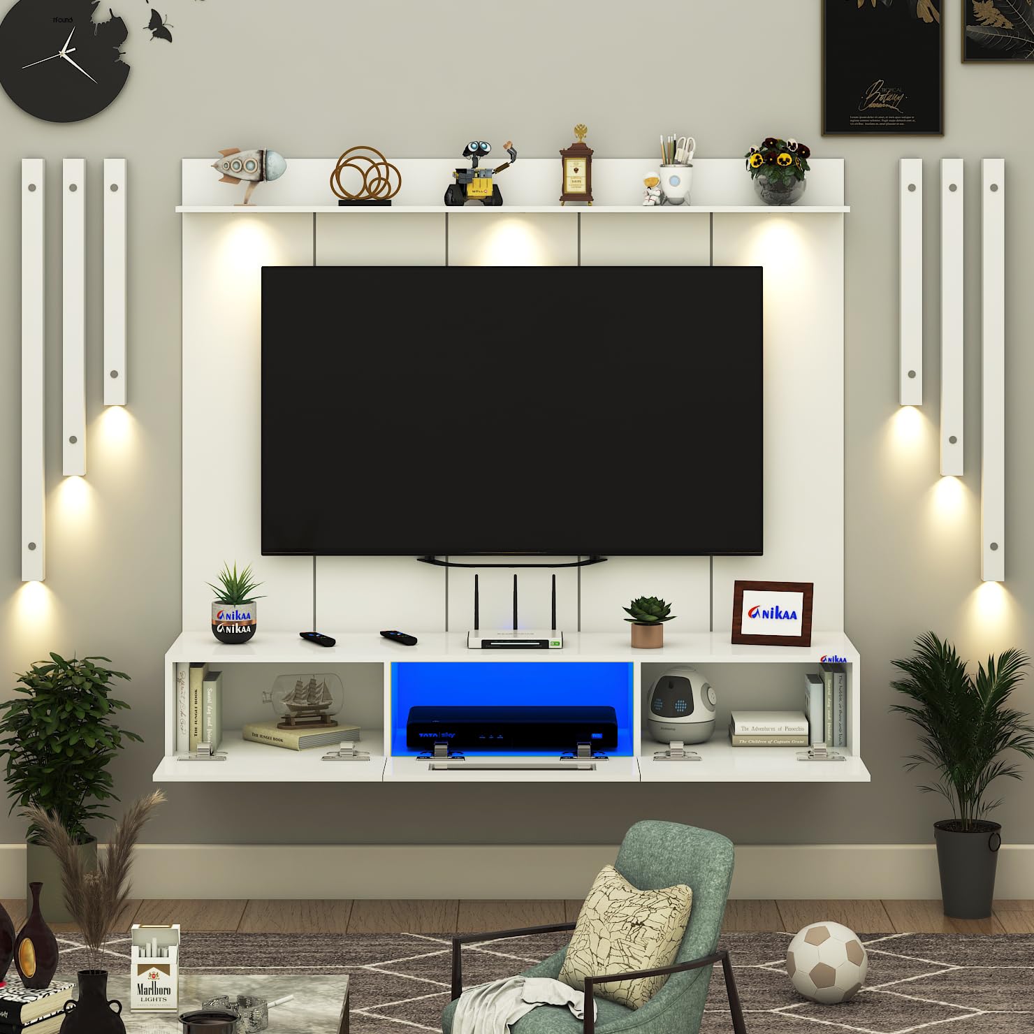 Anikaa LucenPro Engineered Wood Wall Mount TV Unit with PVC Back Panel, Acrylic Blue LED Storage Box, Side Wooden Accent Spot Light Panels I Deal for Up to 50 Inch TV (White - DIY Installation)