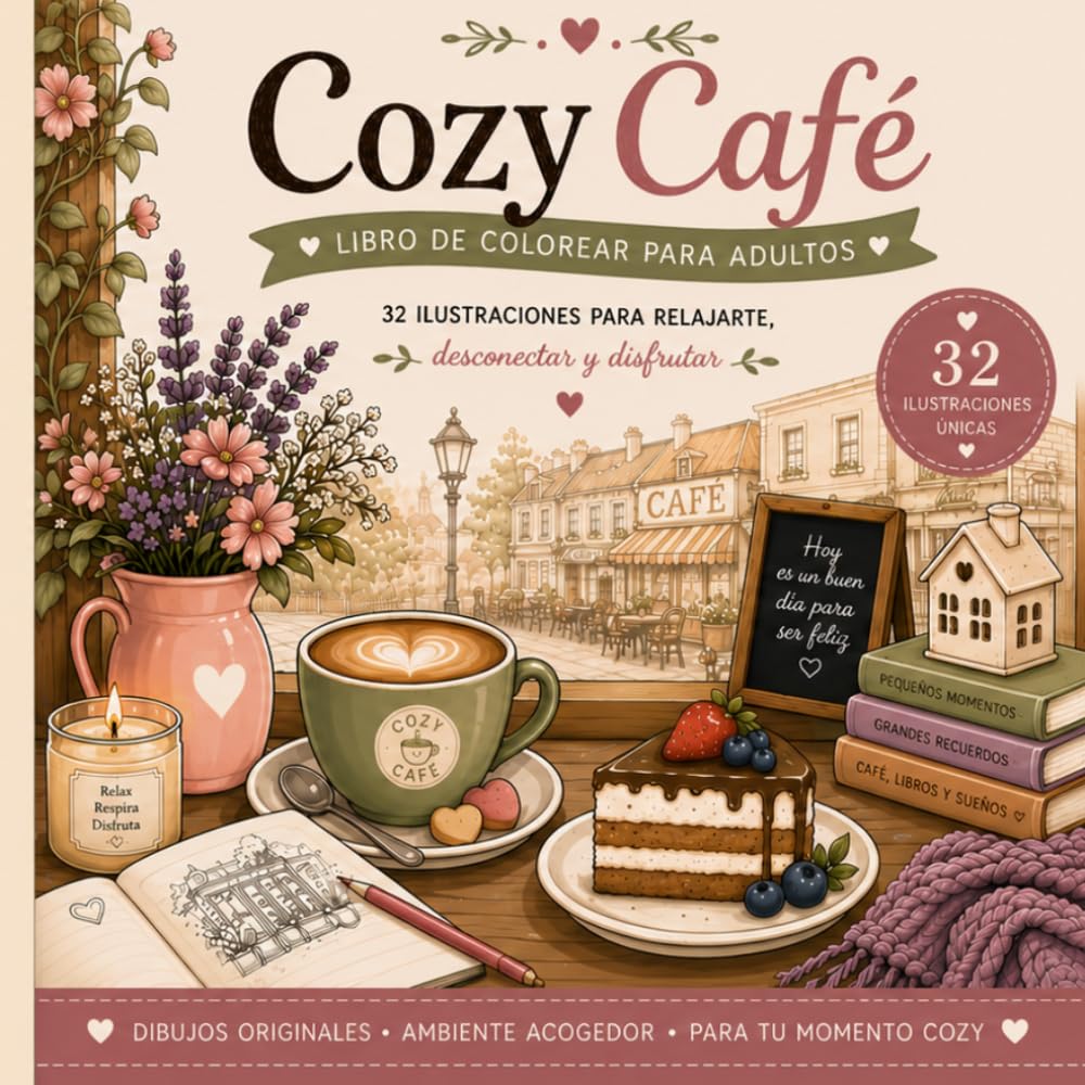 Cozy Café: Libro de colorear para adultos con 32 ilustraciones acogedoras para relajarte, desconectar y disfrutar de cafeterías, café, dulces y momentos cozy