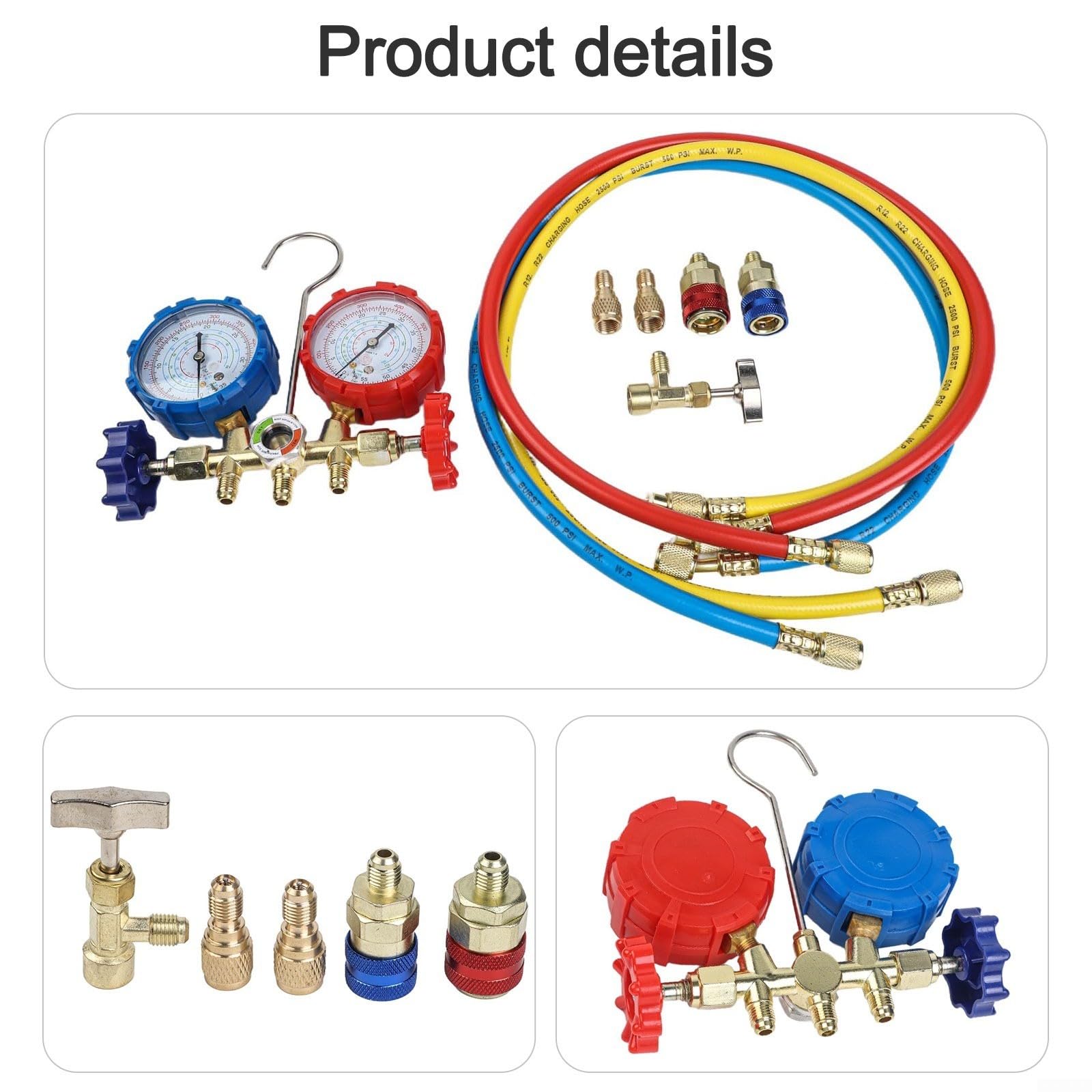 Set di manometri diagnostici per condizionatori d'aria con tubi per R410A, R32, R12, R134A, manometro di precisione per verificare e riempire, set di accessori da 9 pezzi