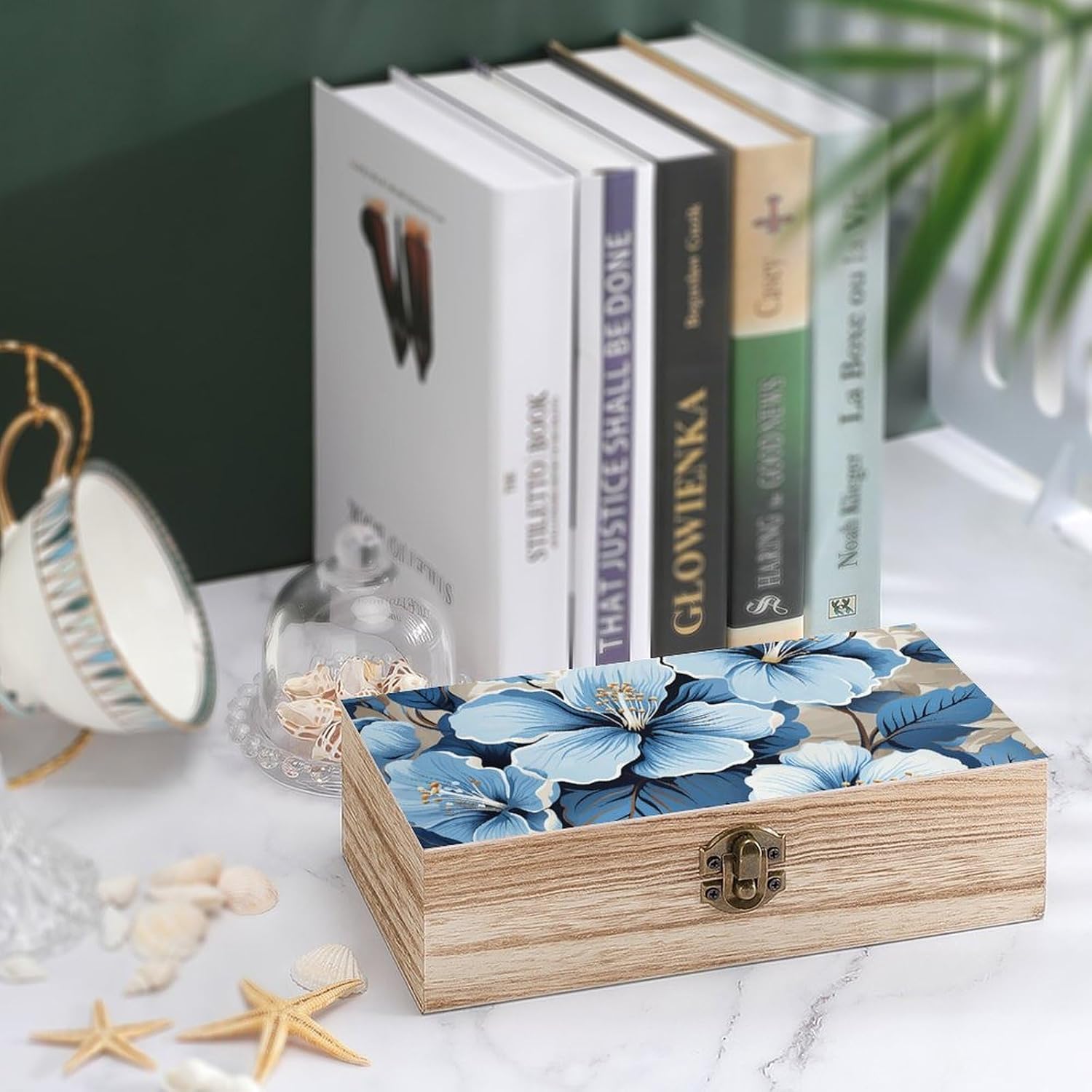 Blue Hibiscus Flower Memory Jewelry Wooden Box, Large Wooden Treasure Chest Boxes with Hinged Lid, Photos Storage Case for Women Men, Wooden Keepsake Box, 7.9'' X 3.9'' X2.3''