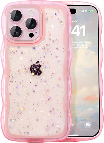 IAIYOXI Case for iPhone 8 Plus - Curly Wave Edge Design, Bling Glitter Star Shiny Case, Cute Pink Clear Full Protection Soft TPU Shockproof Cover for Women and Girls iPhone 8 Plus, Pink