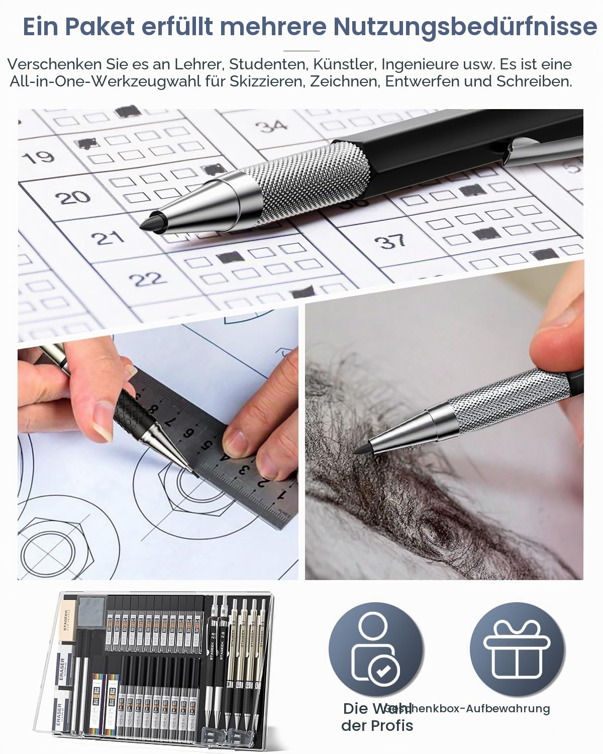 STAGEEK Druckbleistifte Set, 6 Stück Minenbleistift 0,3 0,5 0,7 0,9 2,0mm,metall mechanischer bleistift mit 492 Minen (6B, 4B, 2B, HB, 2H, 4H, Farbe),schreibwaren, für Künstler, Skizzieren, Zeichnen
