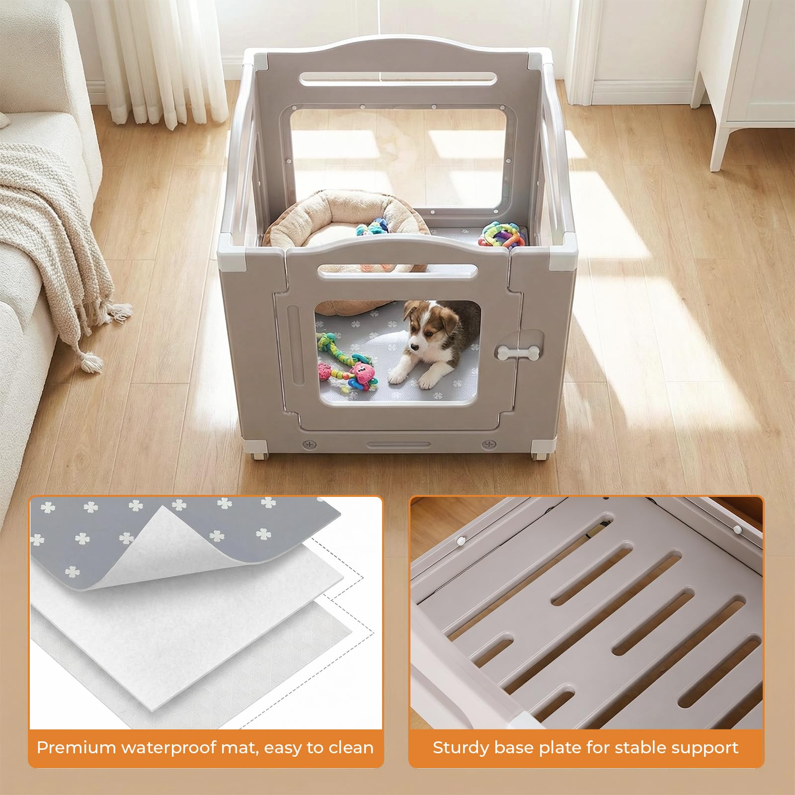 MAMIZO Parque para Perros Acrílico 63 × 68 cm, Recinto Perros con Ruedas | 3+1 PCS Paneles Caja de Parto para Animales con Alfombra Impermeable y Base, Gris Cálido