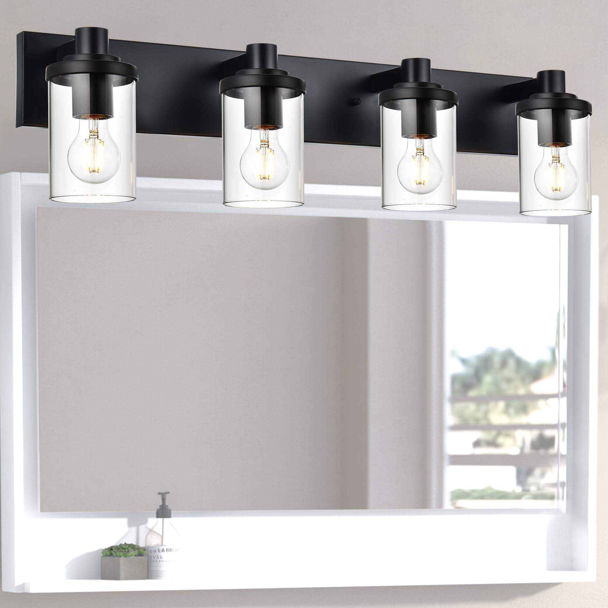 TULUCEBathroom Vanity Light Fixture Over Mirror, Metal Black Bathroom Lights Over Mirror 4-Lights,Modern Wall Mount Lighting with Clear Glass Shade Vanity Lights for Hallway Living Room Cabinet