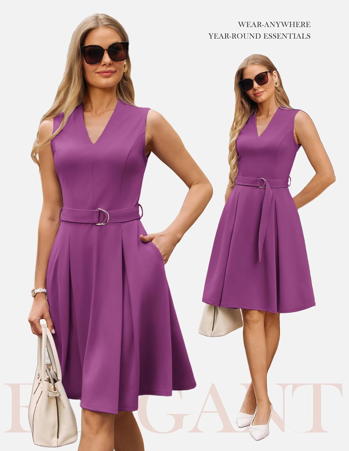 GRACE KARIN Work Dresses for Women 2026 V Neck Fit and Flare Midi Dresses Office Business Dress with Belt and Pockets - Image 3