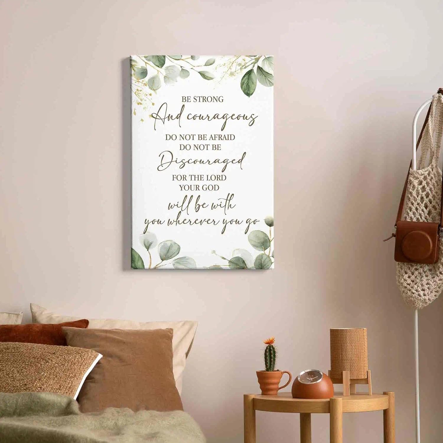 HIWX Christian Inspirational Wall Decor, Be Strong and Courageous Bible Verses Framed Canvas Painting Wall Art Decor, Sage Green Botanical Religious Wall Art Home Decoration for Bedroom Church, 16x24