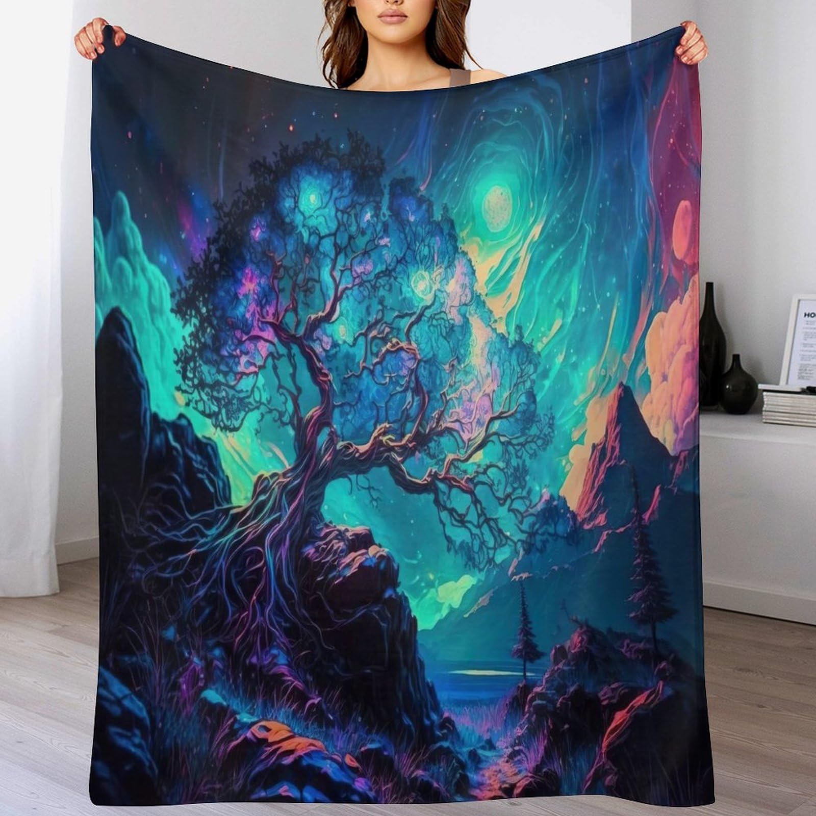 Cosmic Tree of Life Bedding Soft Flannel Throw Blanket - Plush Blanket Warming Decor Gift, Four Seasons Living Room Outdoor Fuzzy Blanket Travel Camping Blanket（150×200cm）