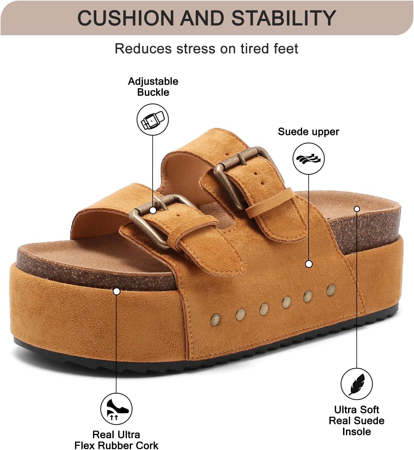 YorFotMae Women's Platform Sandals Cork Footbed Slides with Double Buckles image 4