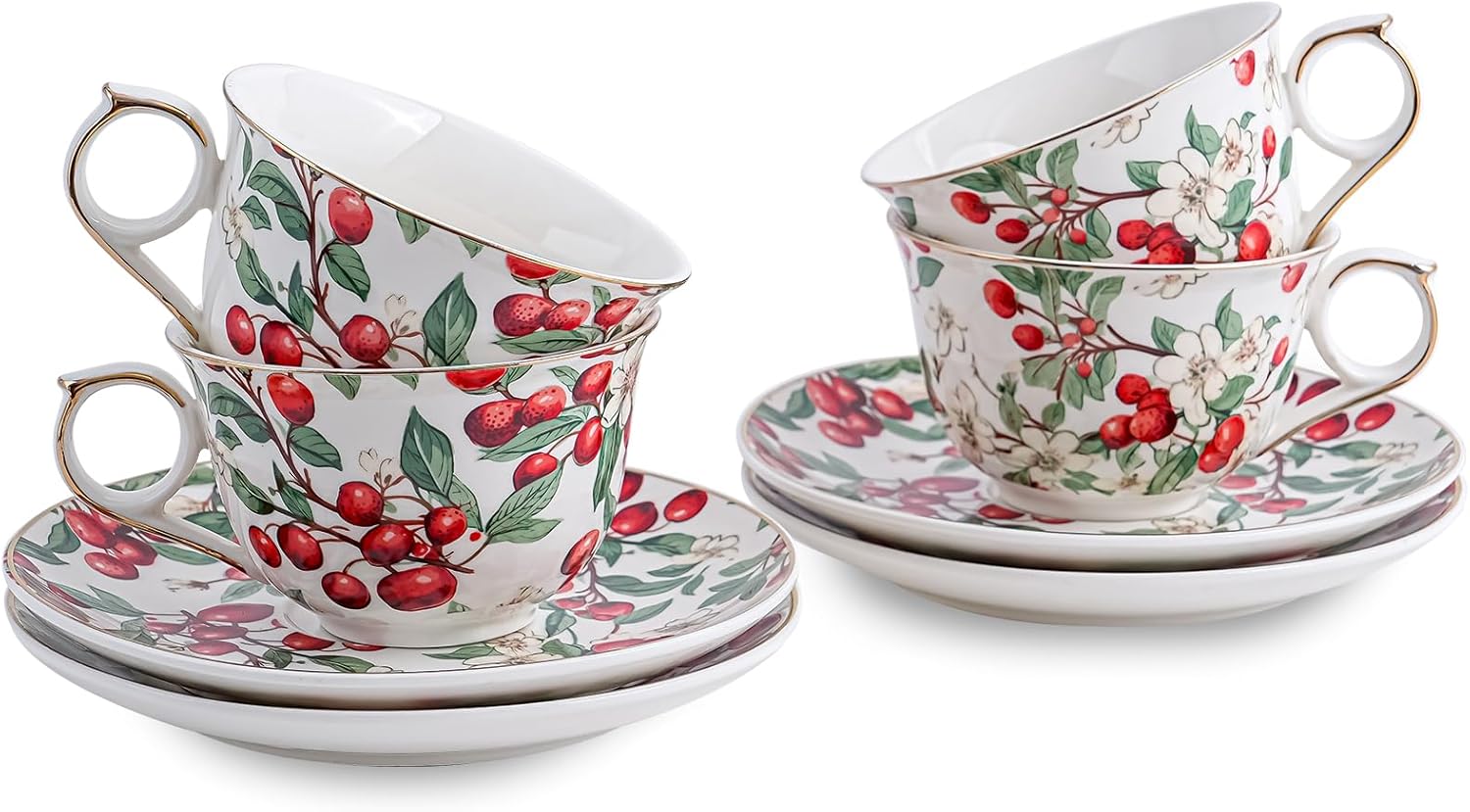 Agyiuns Ceramic Espresso Cups 5oz，Small Coffee Cups for Latte Cappuccino, Tea Cup and Saucers Set of 4 for Party Birthday,Party Cafe Home, Christmas Gift