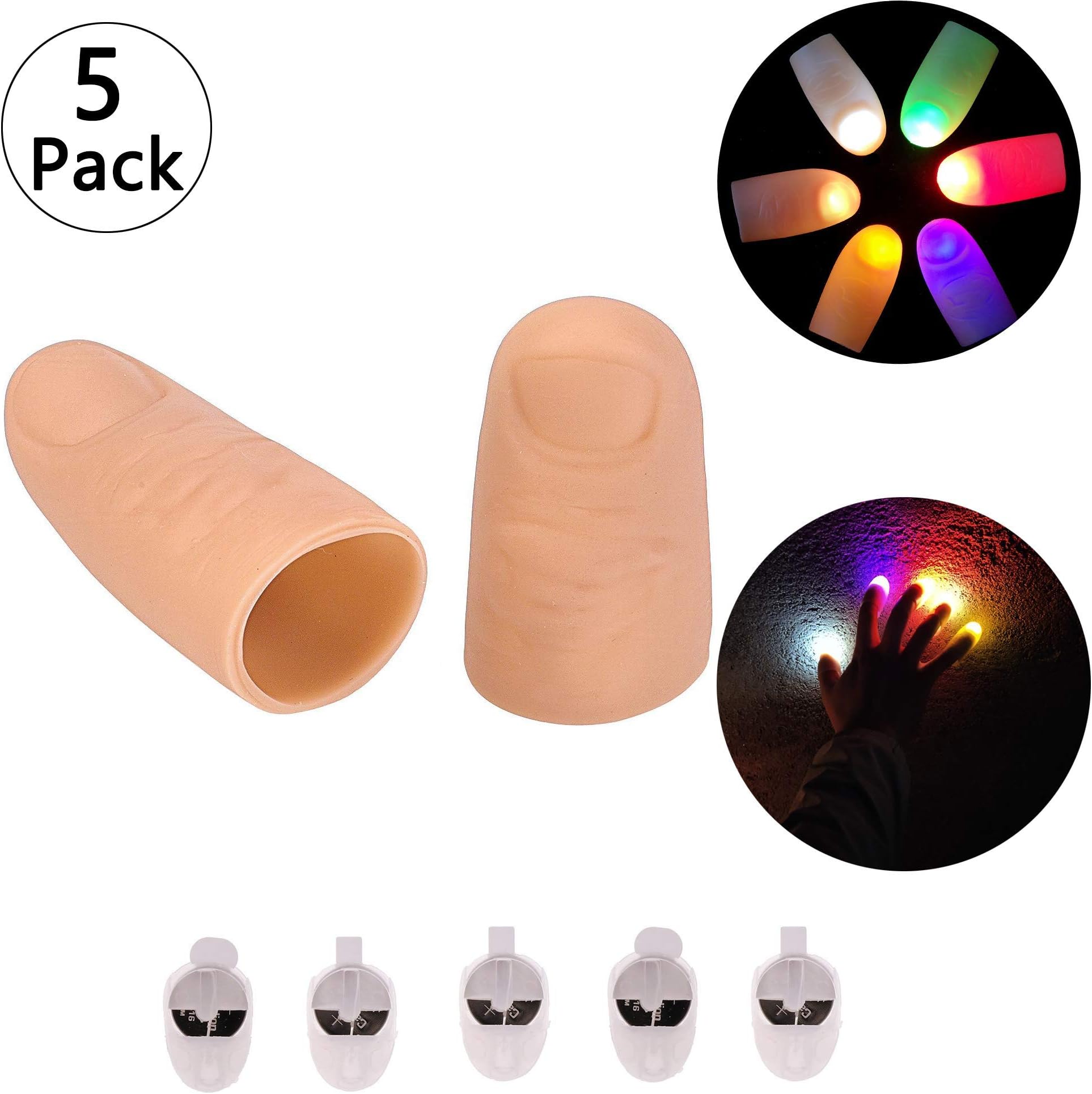 Mein HERZ 5 Pcs LED Finger Lamp, (Finger sleeve 4.6cm × 2.5cm) Magic Light up Finger Magic Trick, Fake Finger, Fake Soft Thumb Tip Finger Magic Trick Close Up Stage Show Prop Prank Toy