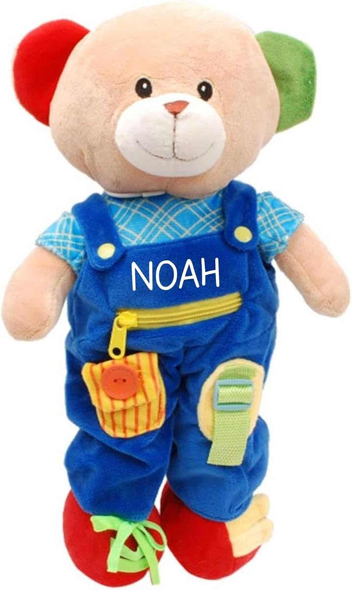 Linzy Oso de peluche educativo suave personalizado de 16’’ con atuendo extraíble – Juguete de aprendizaje de felpa con broches de cremallera de botones para niños pequeños – Habilidades motoras finas, práctica de resolución de problemas