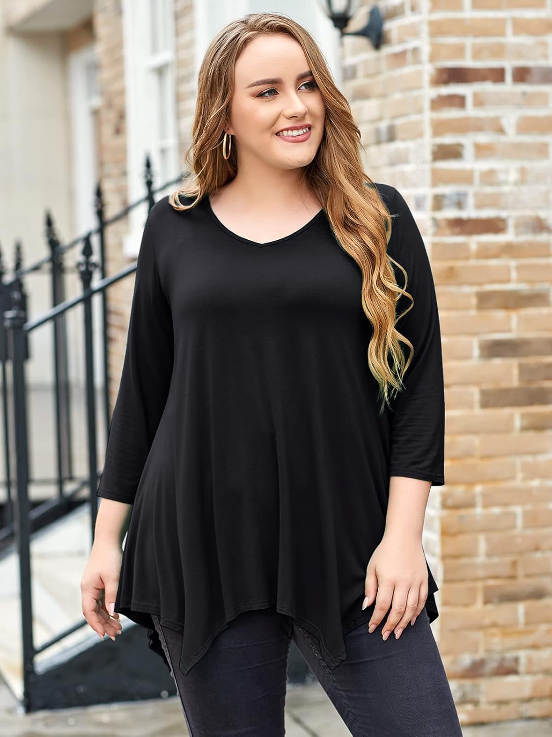 LARACE Plus Size Tops for Women Tunic Asymmetrical Dress Shirts 3/4 Sleeve V Neck Flowy Ladies Clothes for Leggings - Image 4