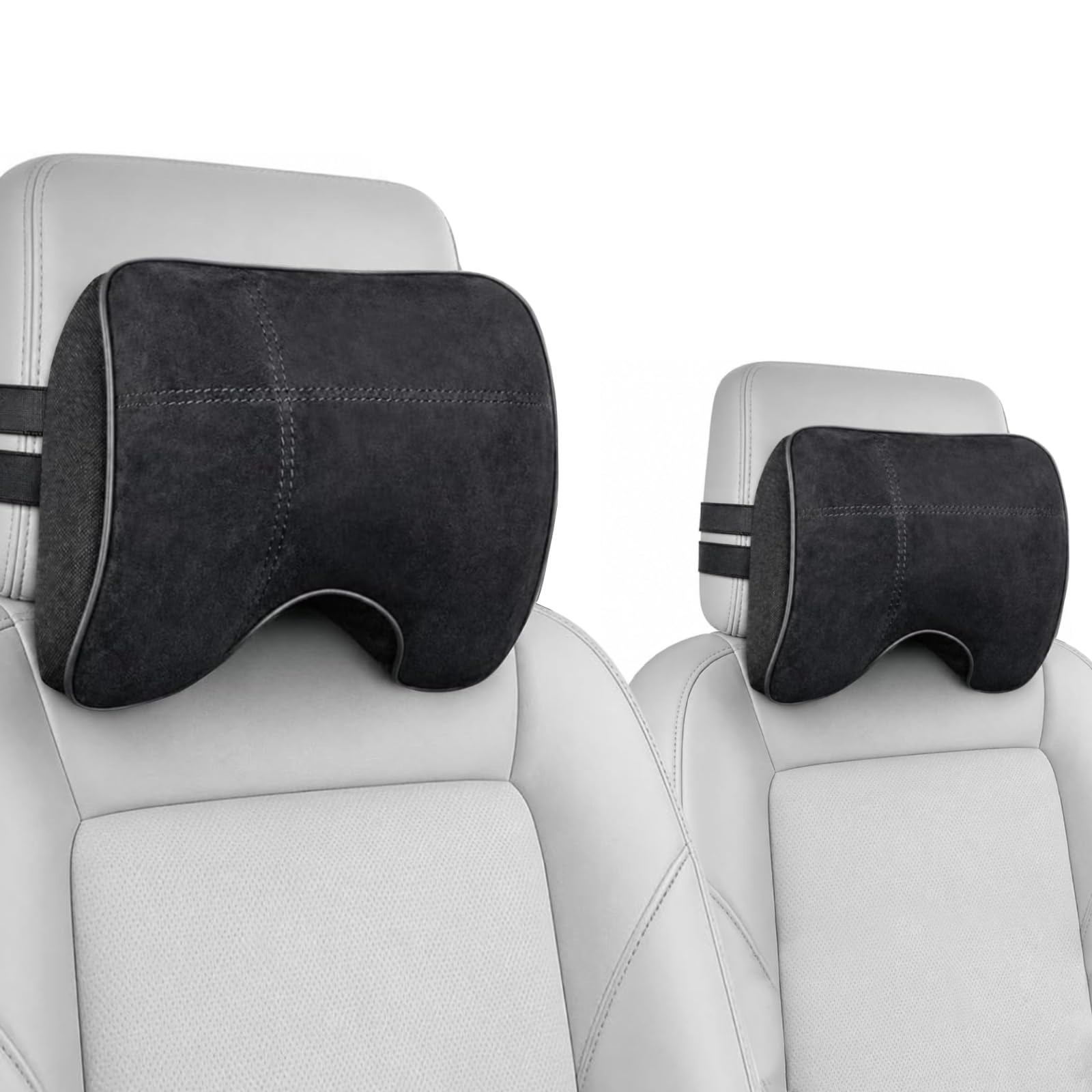 EASY EAGLE Auto Nackenkissen aus Wildleder und Memory-Schaum, Nackenkissen mit Abnehmbarem Befestigungsgurt für Autositz, Schwarz, 2 Stück