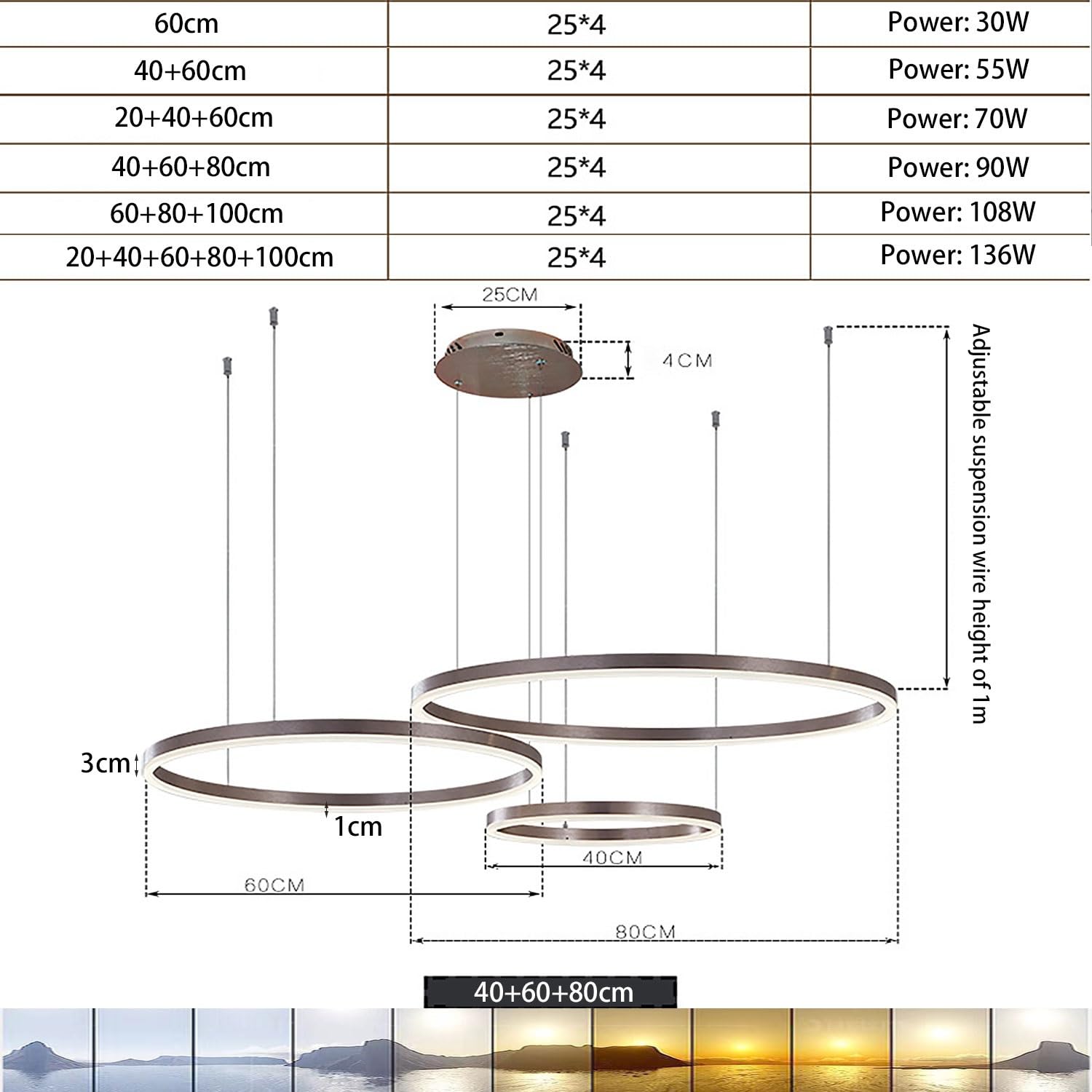 Lampy Wiszace Nowoczesna Restauracja LED Zyrandole Pierścień Ze Zdalnym Sterowaniem Ściemnialne Oświetlenie Sypialni Regulowana Wysokość Dla Salonu Kuchnia Lampy Sufitowe (Color : Black 20+40+60cm)