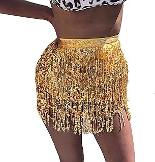 Belly Dance Sequin Tassel Skirt Hip Scarf Belt Mini Skirt Festival Rave Clothing for Women (Gold)