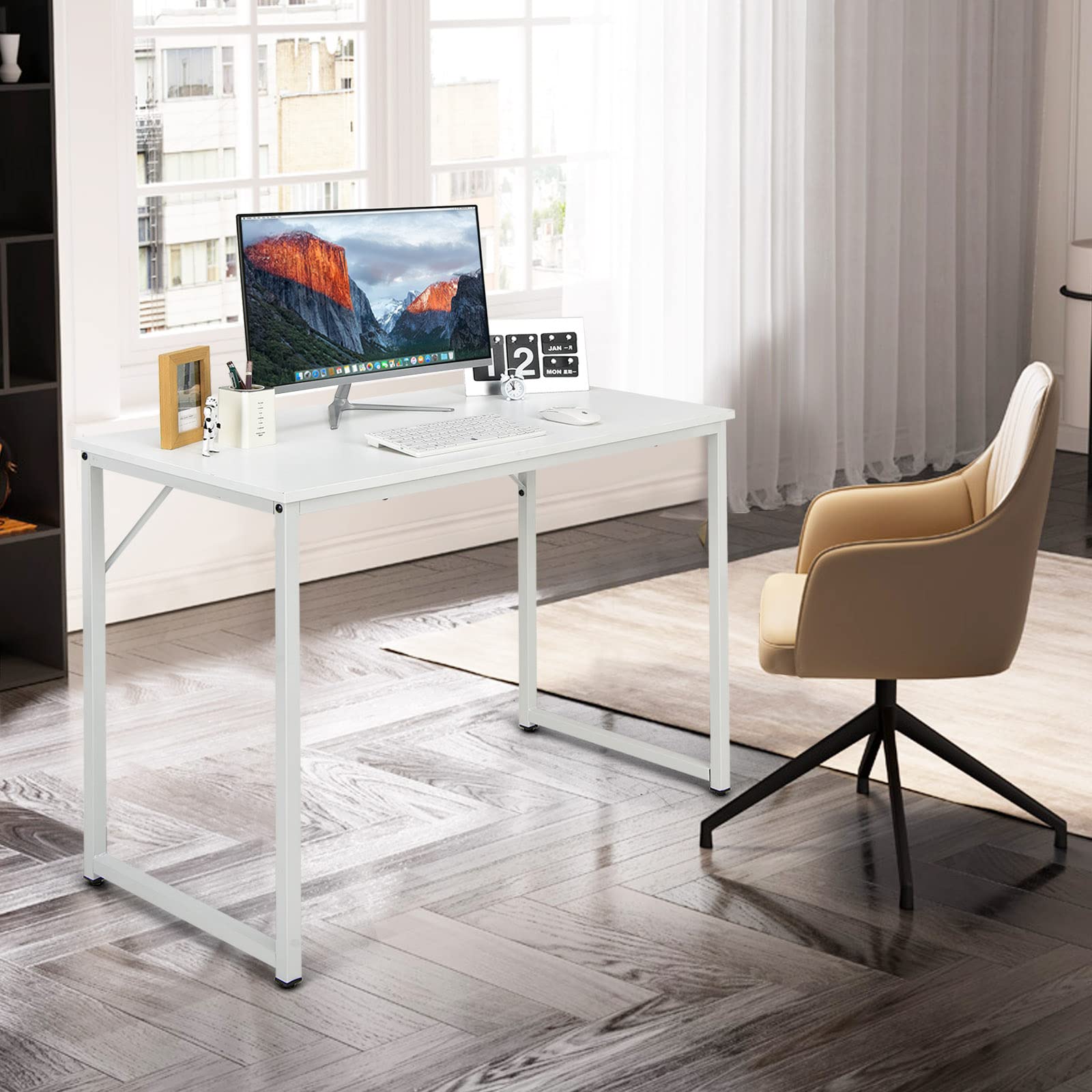 GIANTEX Scrivania, piccola scrivania per computer portatile, scrivania da ufficio, tavolo da lavoro, 100 x 50 x 75 cm, legno e metallo, per studio, ufficio, casa, ufficio (bianco)