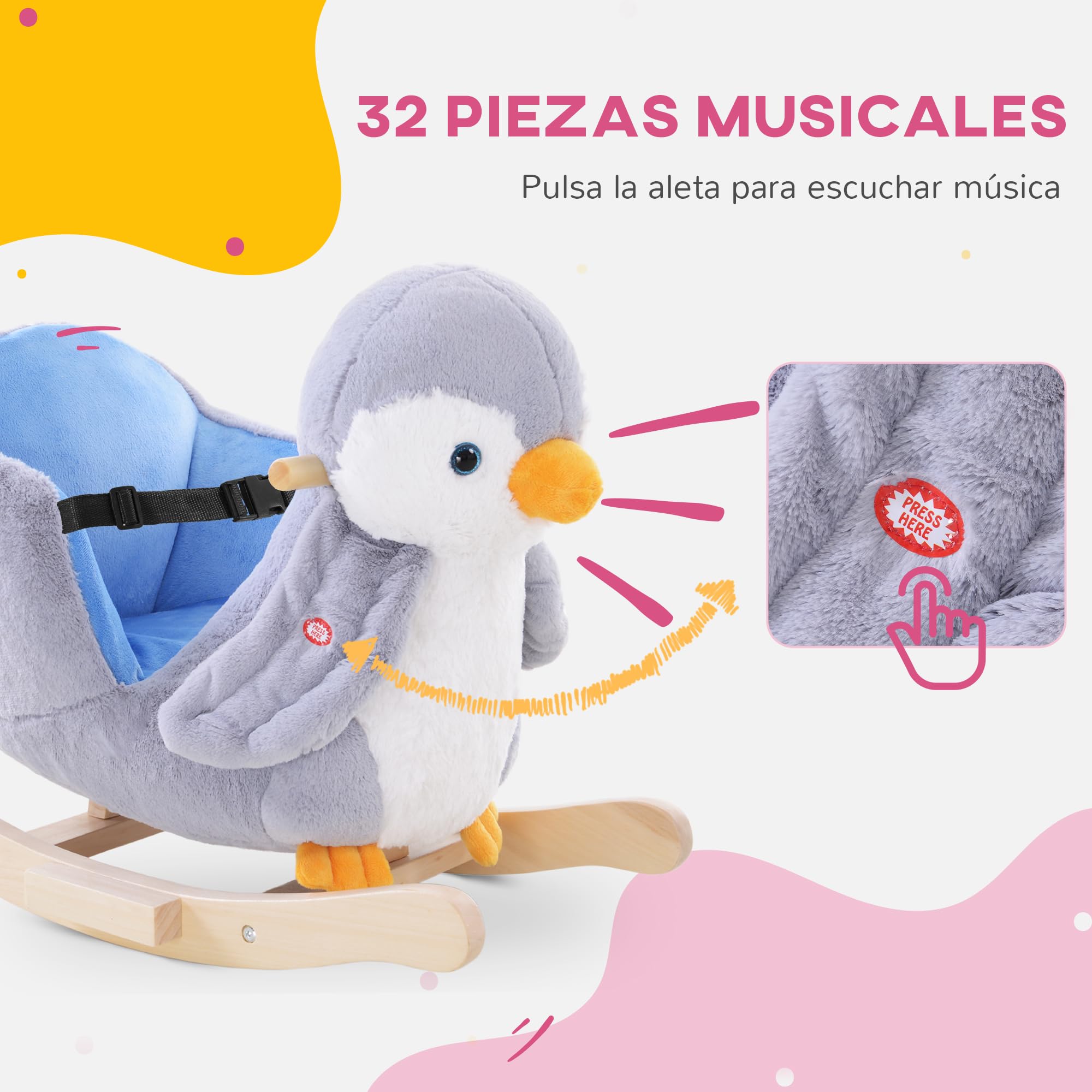 HOMCOM Caballito Balancín para Bebés de +18 Meses Forma de Pingüino Caballito Balancín de Madera con Asas Cinturón de Seguridad y Músicas Carga 40 kg 60x33x50 cm Gris