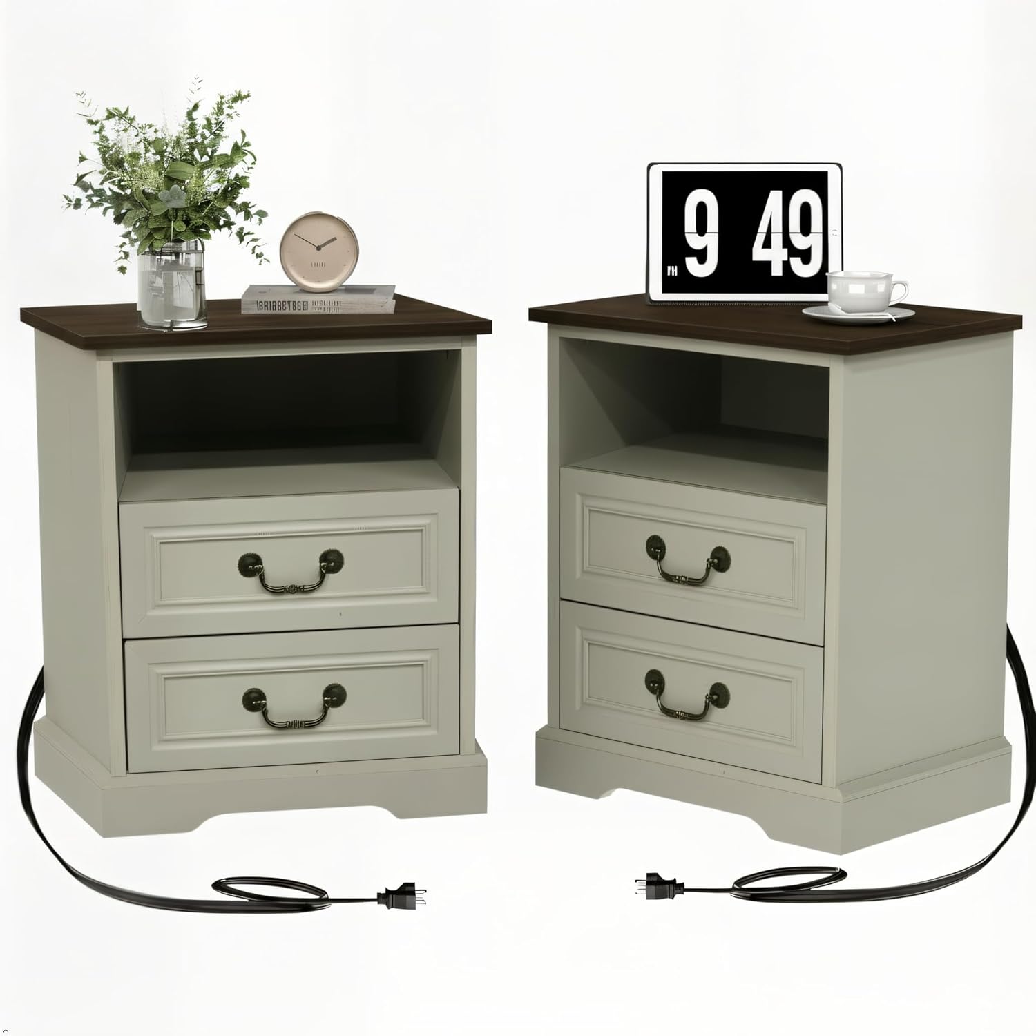 Farmhouse Nightstands Set of 2 with Charging Station, Vintage Bedside Table Set of 2 with Drawer & Open Shelf &Outlet & USB, Rustic End Tables for Bedroom, Antique White with Brown