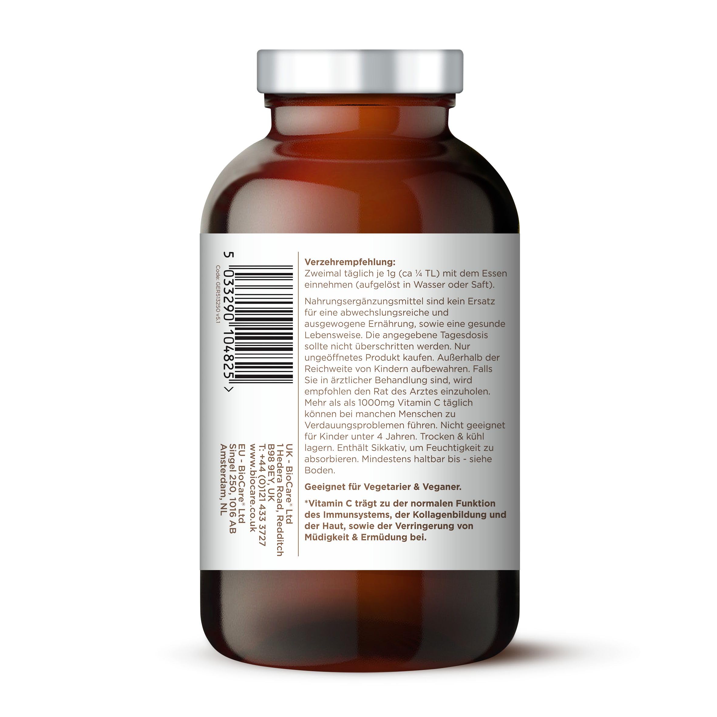 BioCare Vitamin C-Pulver, 250g | Immunsystem stärken, Haut & Kollagen, Mehr Energie