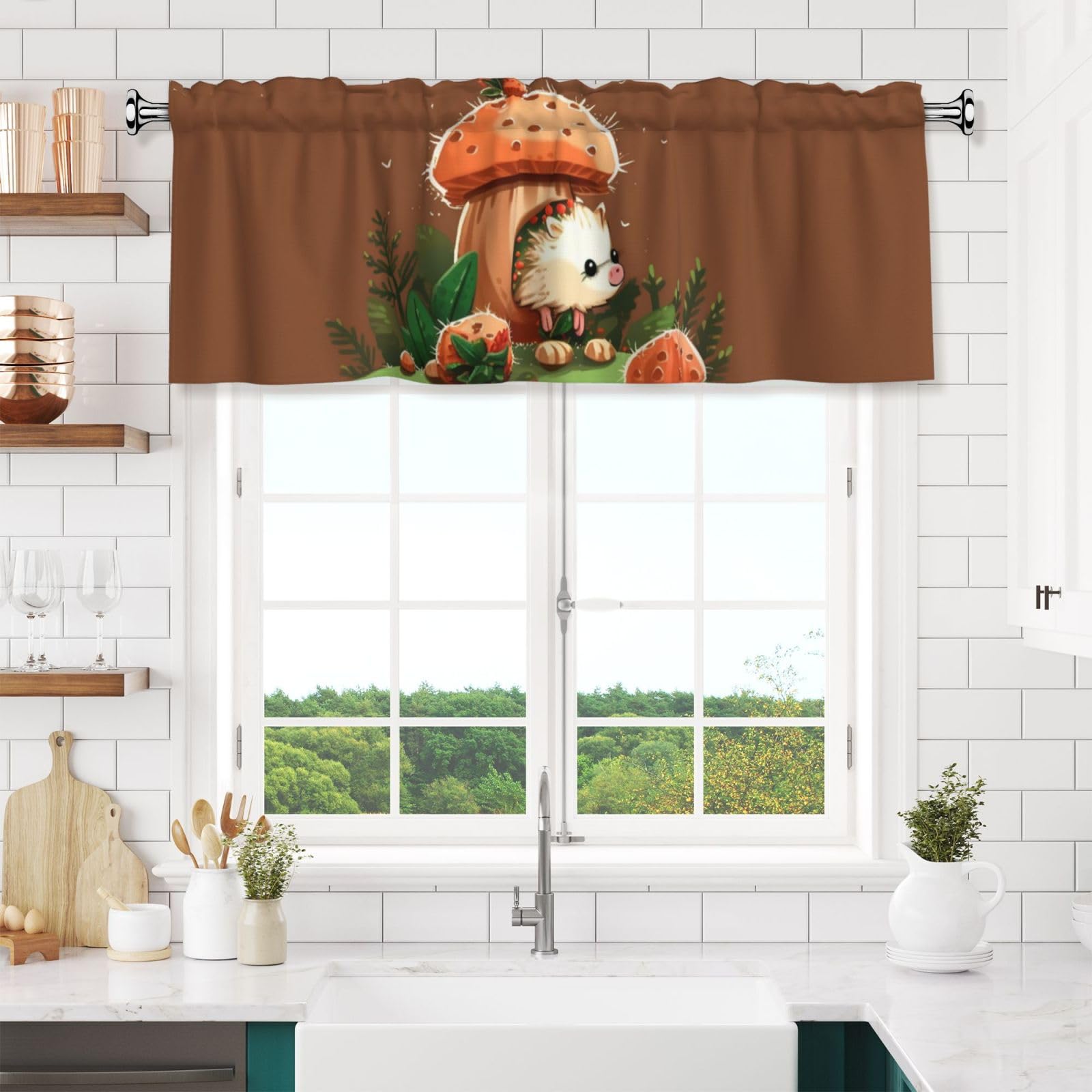 NONHAI Hedgehog and Mushroom Valances for Windows Short Curtains Rod Pocket Cafe Window Treatments Valance Curtains for Kitchen Bathroom Laundry Basement Windows 54x18inch Blackout Window Valance