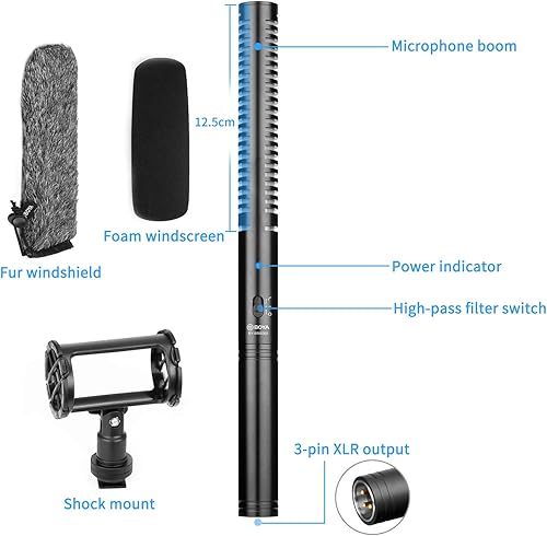 Miniatura 3 de BOYA Micrófono XLR, micrófono de escopeta BY-BM6060 con micrófono de parabrisas de montaje de choque para cámara DSLR condensador externo micrófonos