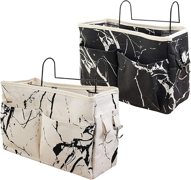 2PCS Large Capacity Bedside Hanging Storage Bed Pocket Basket with Hanging Hook Marble Pattern Dormitory Bed Organiser Caddy Desktop Storage Rack for Home Office School BunkBed Phone Ipad Book Remote