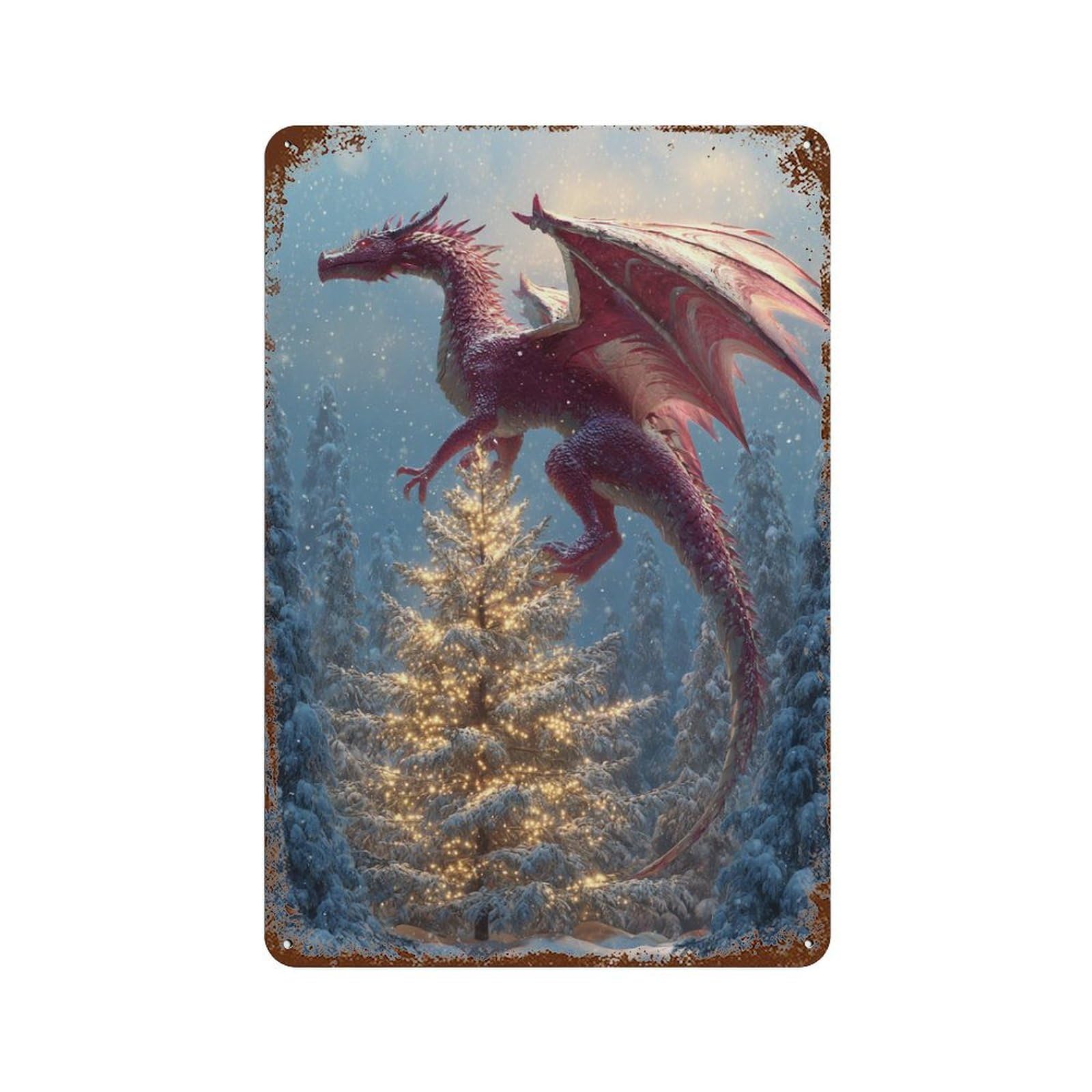 Garage Style Magical Winter Dragon Scene Rust Effect Tin Sign 11.8"x7.9", Rustic Home Decor for Bar And Workshop