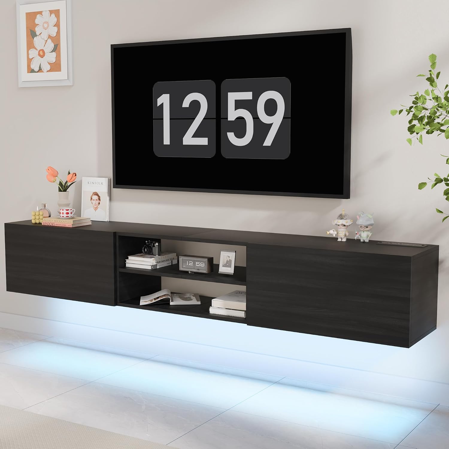 LED Floating TV Stand with Power Outlet, TV Stand with Storage Cabinet, Remote Control and App Control, RGB Lights Wall Mount Storage TV Table Media Console, Up to 80 Inch TVS