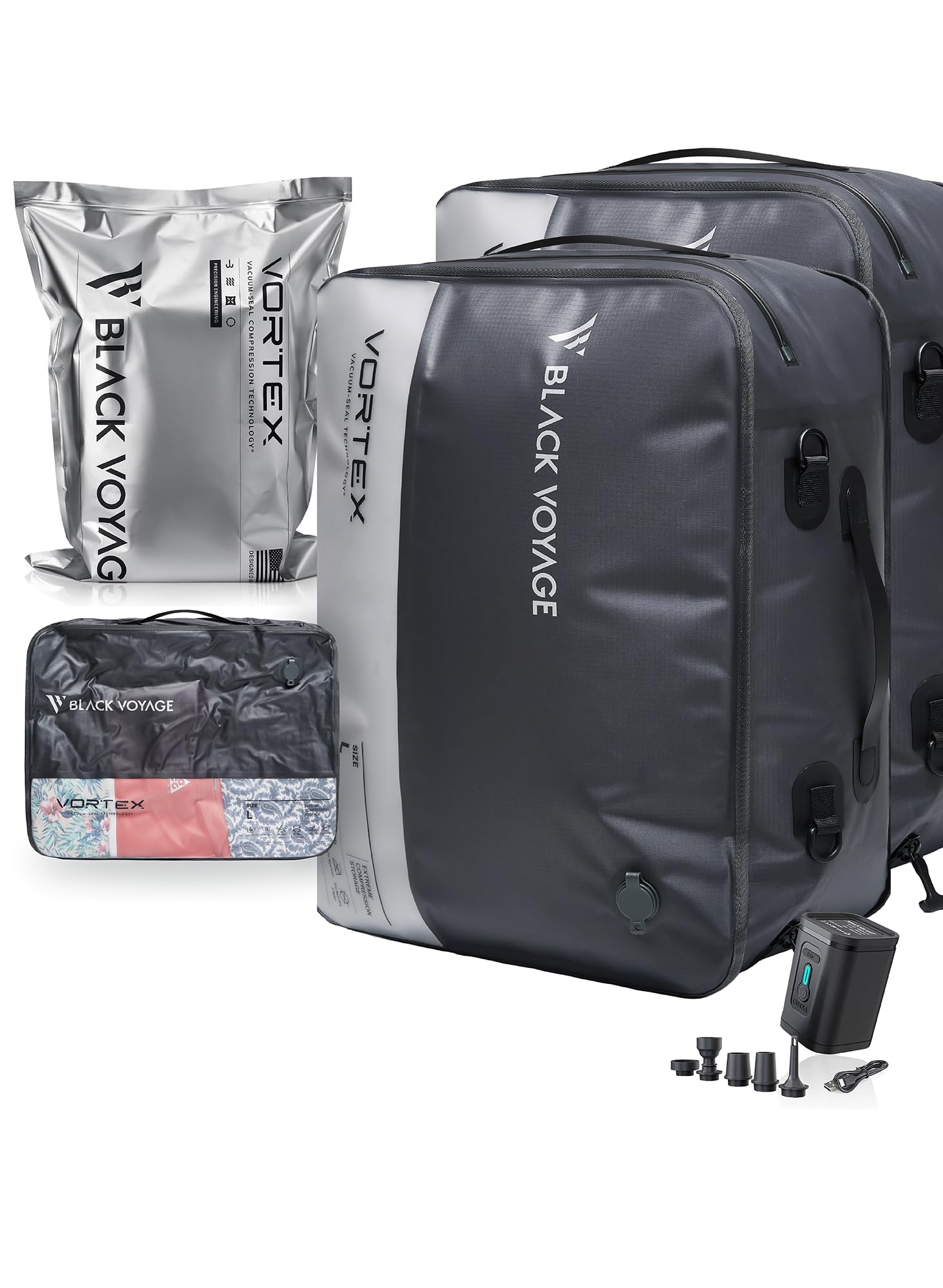 Black Voyage Reusable Vacuum Compression Travel Bag for Carry-On Suitcase and Backpack, Recycled IP67 Waterproof Space Saver Vacpack (2-Pack, 41L - Pump Included)