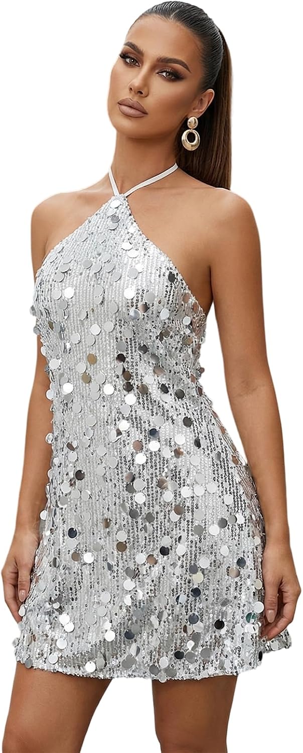 Lizxun Women Glitter Sequin Dress Halter Neck Sleeveless Sparkly Sexy Party Club Mini Dress
