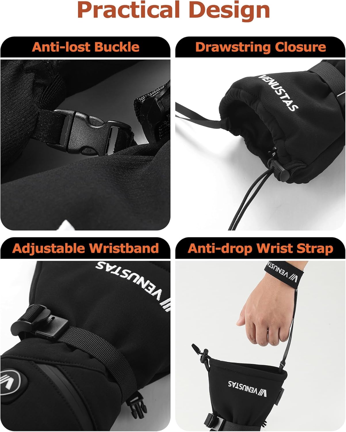 Venustas Heated Mittens for Men & Women, 14H Battery Gloves with Smart Temperature Control, Waterproof Leather Ski Gloves - Image 3