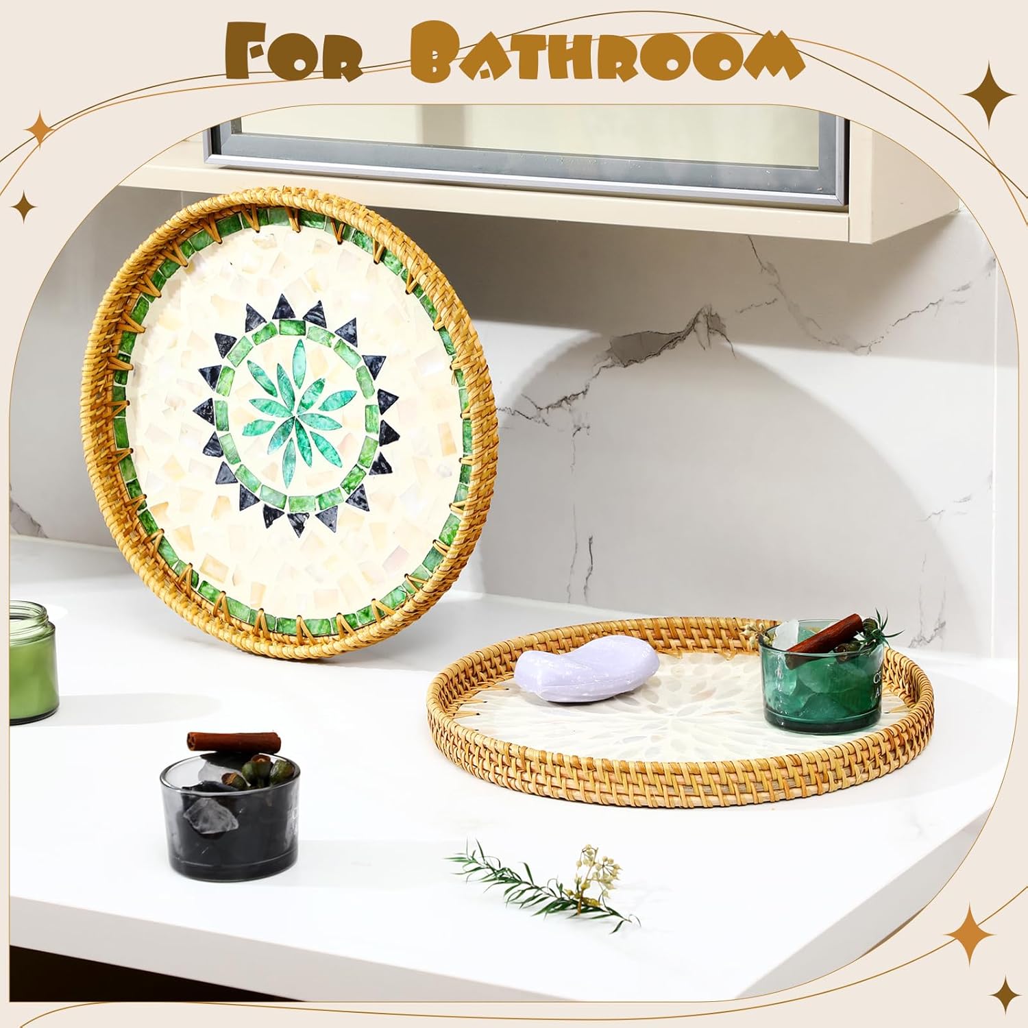 3 Pcs Round Rattan Tray with Mother of Pearl Inlay Wicker Serving Tray with Wooden Base Boho Decorative Wicker Basket for Table Decor Bathroom Candle Perfume(Fresh Style)