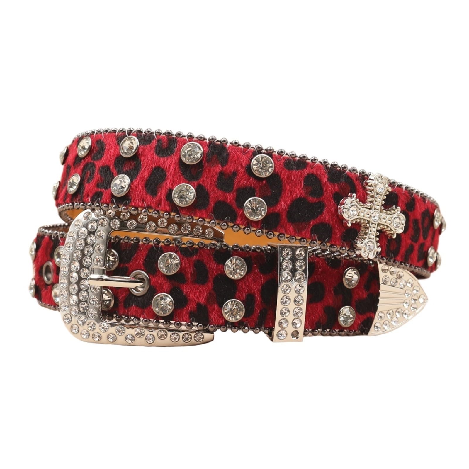 Psnklmm Unisex Red Rhinestones Belts Leopard Print 3.3Cm For Women Men Shiny Diamond Belt Black Multicolour For Women Jeans Dress(105Cm,)