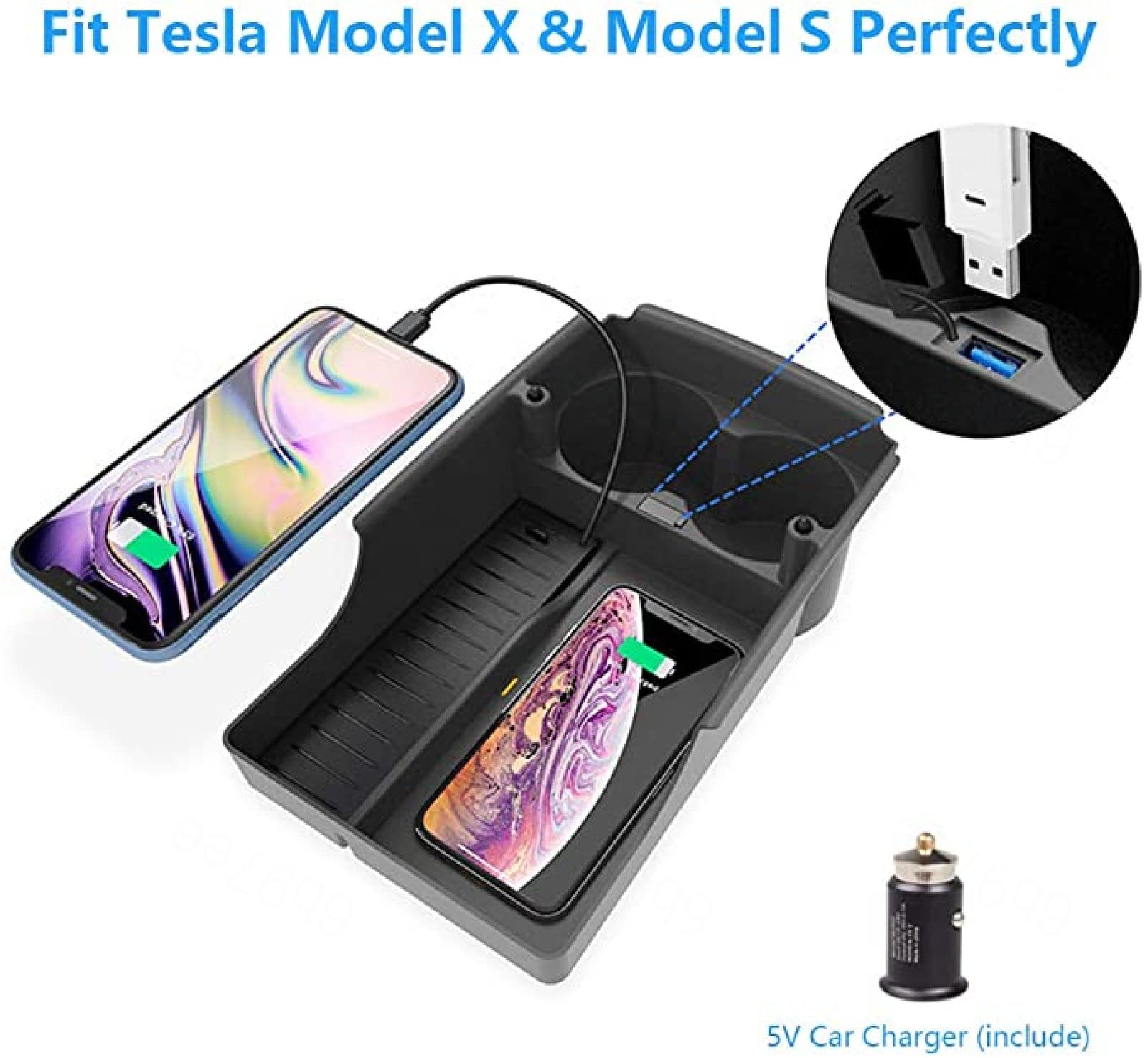 Chargeur Sans Fil 10W Pour Tesla Model 3 - Support Voiture, Charge Rapide, Lumière Ambiante, Double Port USB