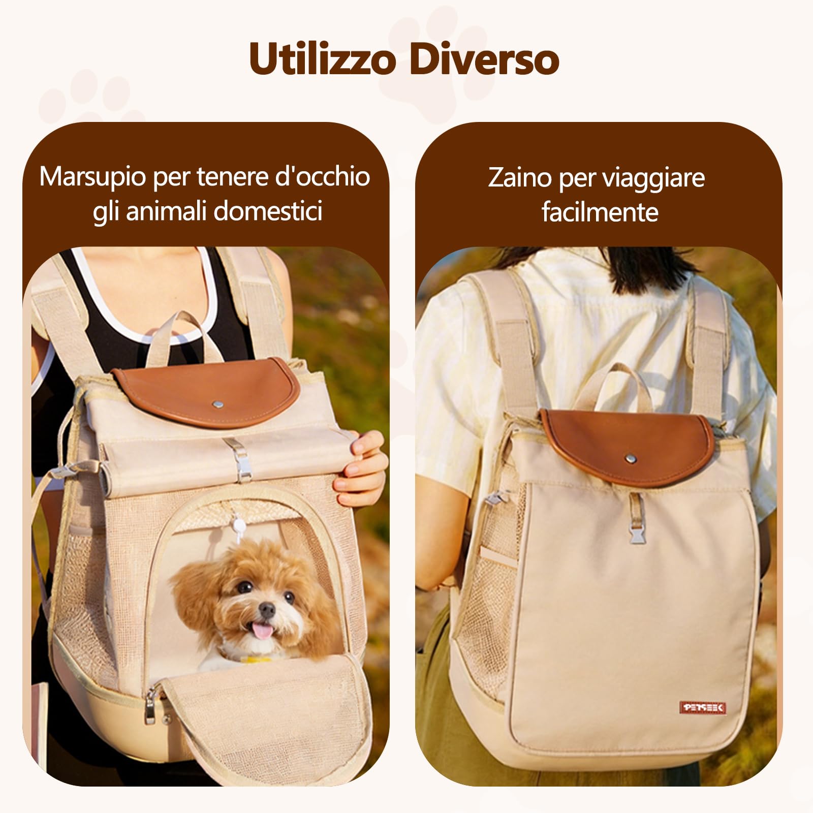 Galatée Zaino Per Animali Domestici, Piccola Borsa Portatile Per Cani e Gatti, Base Robusta e Indeformabile, Design Traspirante Per Evitare l'Accumulo Di Liquidi, Pieghevole (Beige Chiaro)