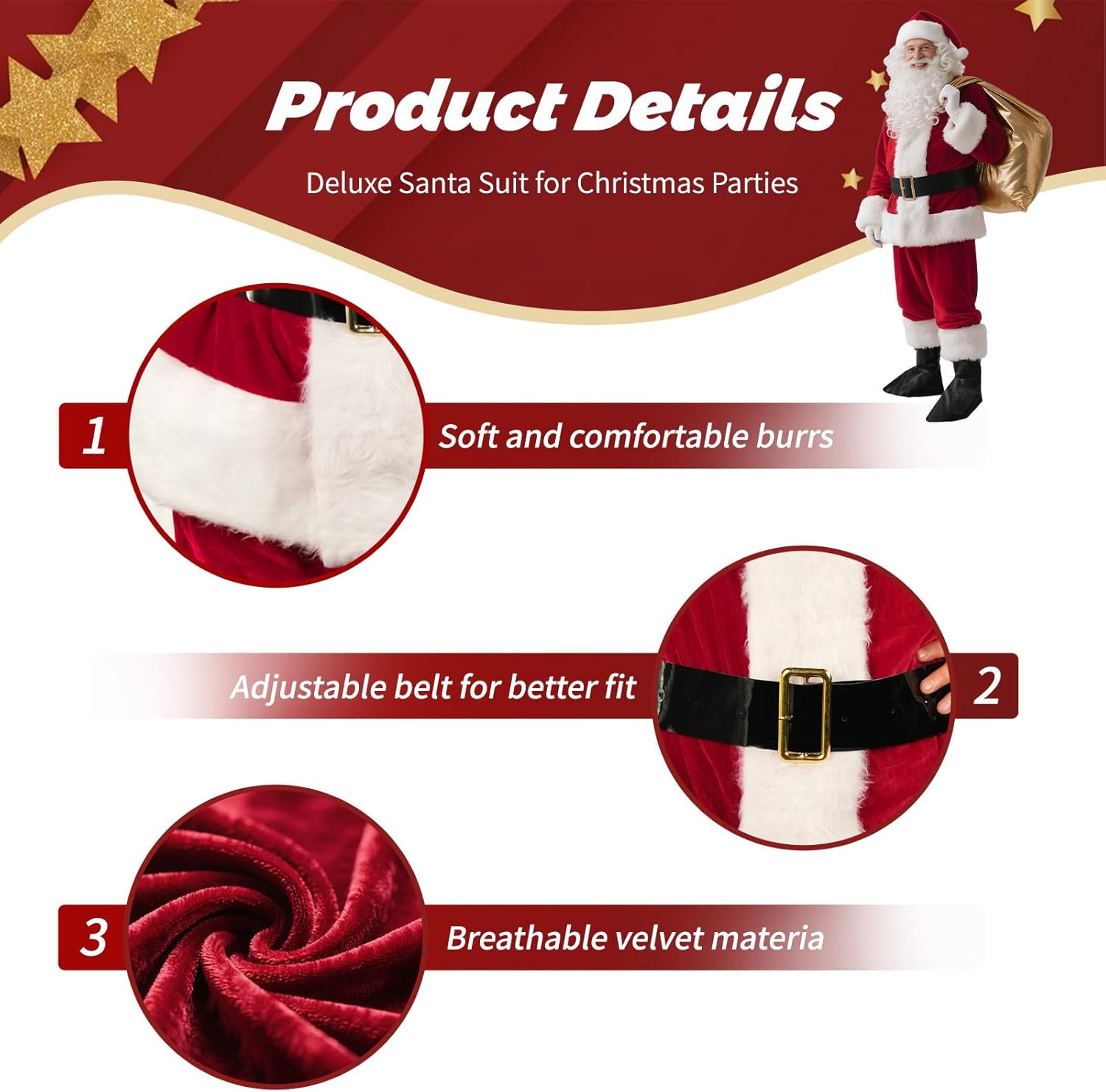 Santa Claus Costume for Men 10PCS Santa Costume Adult Men, Deluxe Santa Suit for Christmas Parties - Image 4