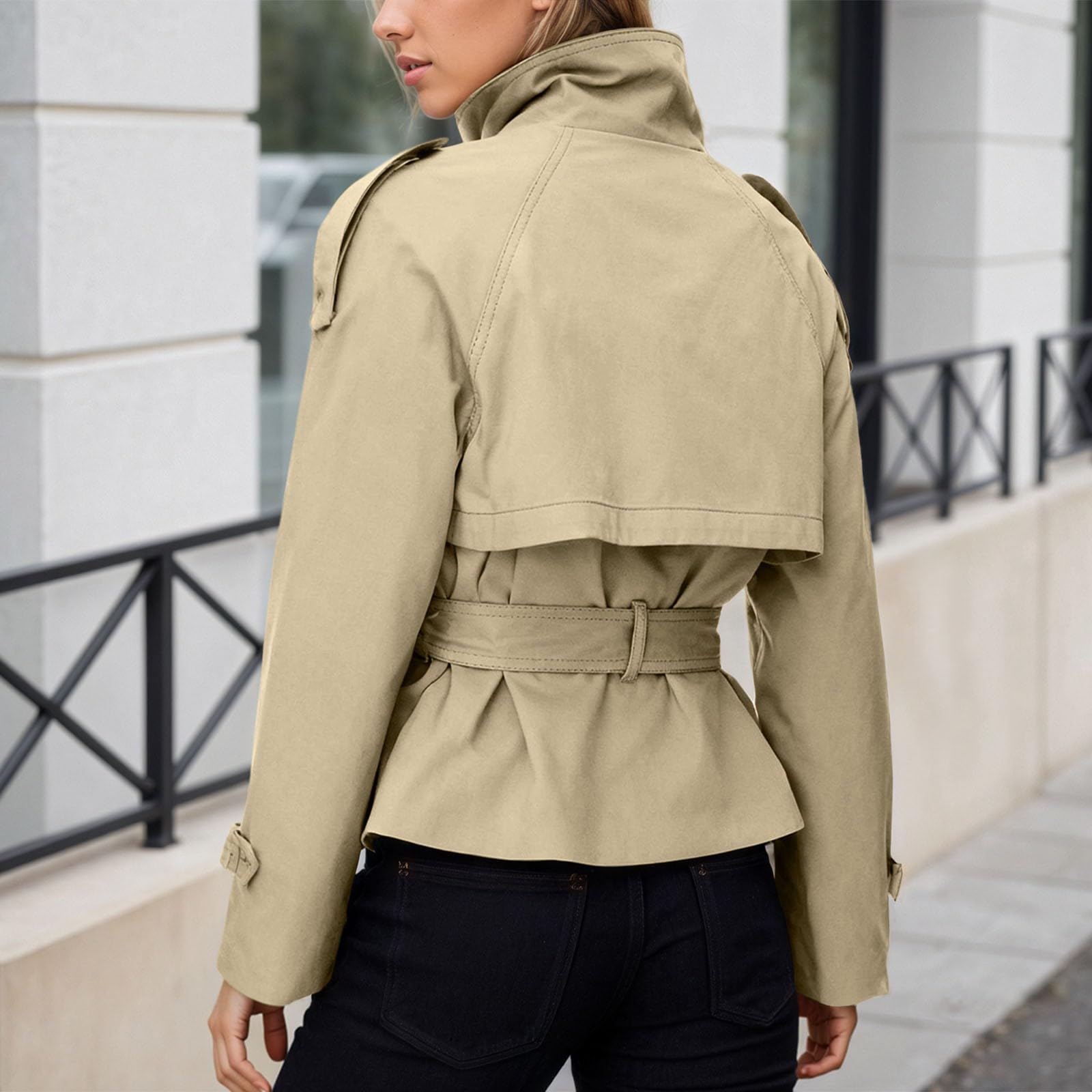 Trenchcoat Damen Kurz Zweireihig Jacke Mit Gürtel Kurzmantel Übergang Windjacke Leicht Mantel Trench Coat Einfarbig Jacken Stehkragen Herbstjacke Casual Übergangsjacke Büromantel