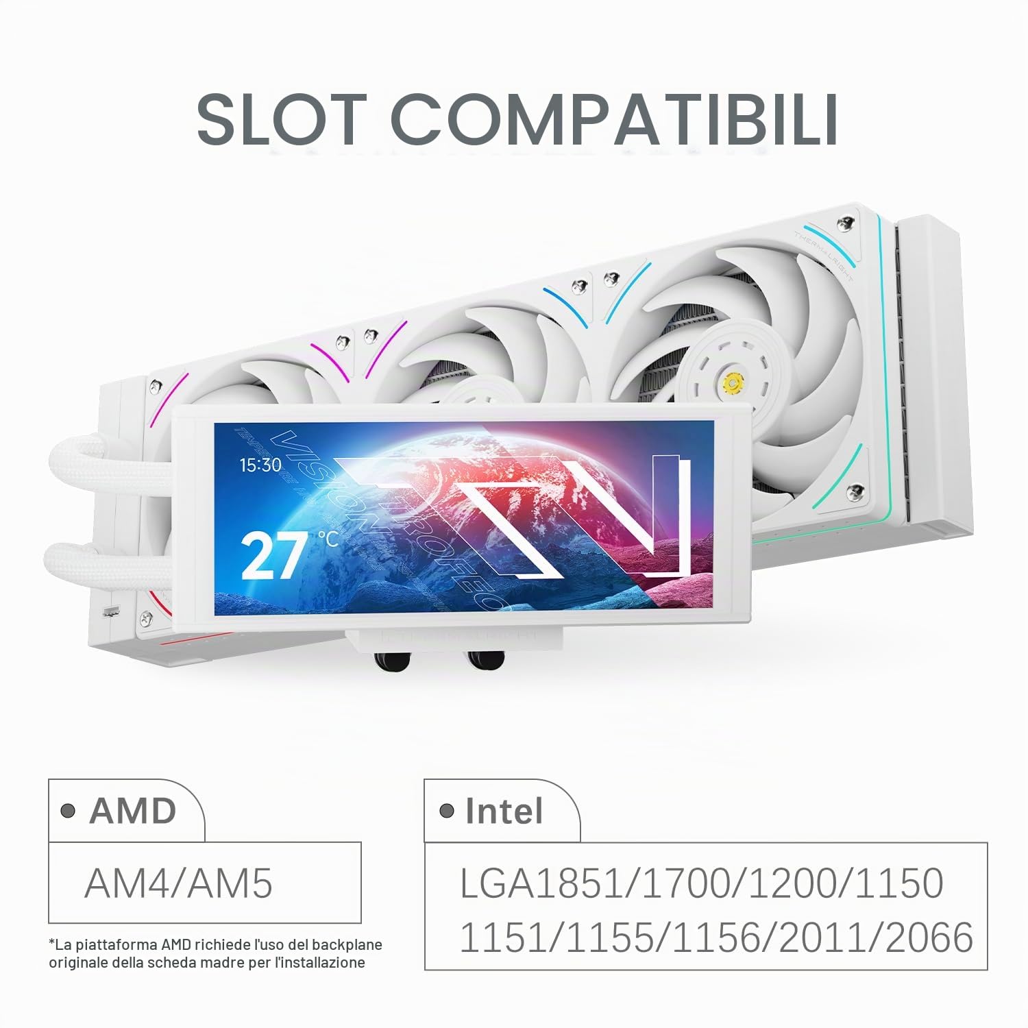 Trofeo Vision 360 ARGB - Raffreddatore CPU liquido bianco, schermo IPS LCD da 6,86 pollici con risoluzione 1280 x 480, radiatore da 360 mm, per AM5, LGA1851/1700