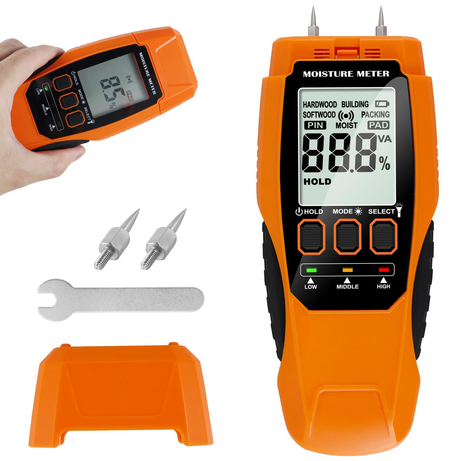 US Pin and Pinless Wood Moisture Meter Precise Water Leak Detector Digital Drywall Humidity Tester Battery Operated Self-Test Moisture Sensor With LCD Display for Wood Drywall Concrete(orange)