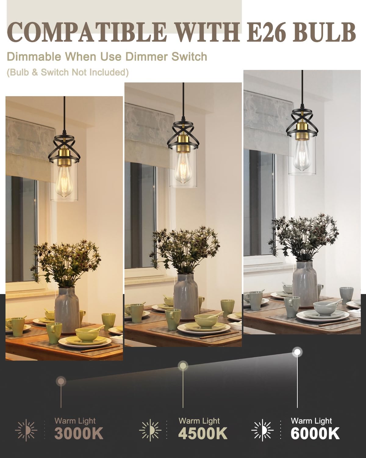 Modern Pendant Light Fixture, Black Gold Farmhouse Hanging Light for Kitchen Island, Industrial Clear Glass Pendant Lighting for Dining Room Bedroom, 3-Pack