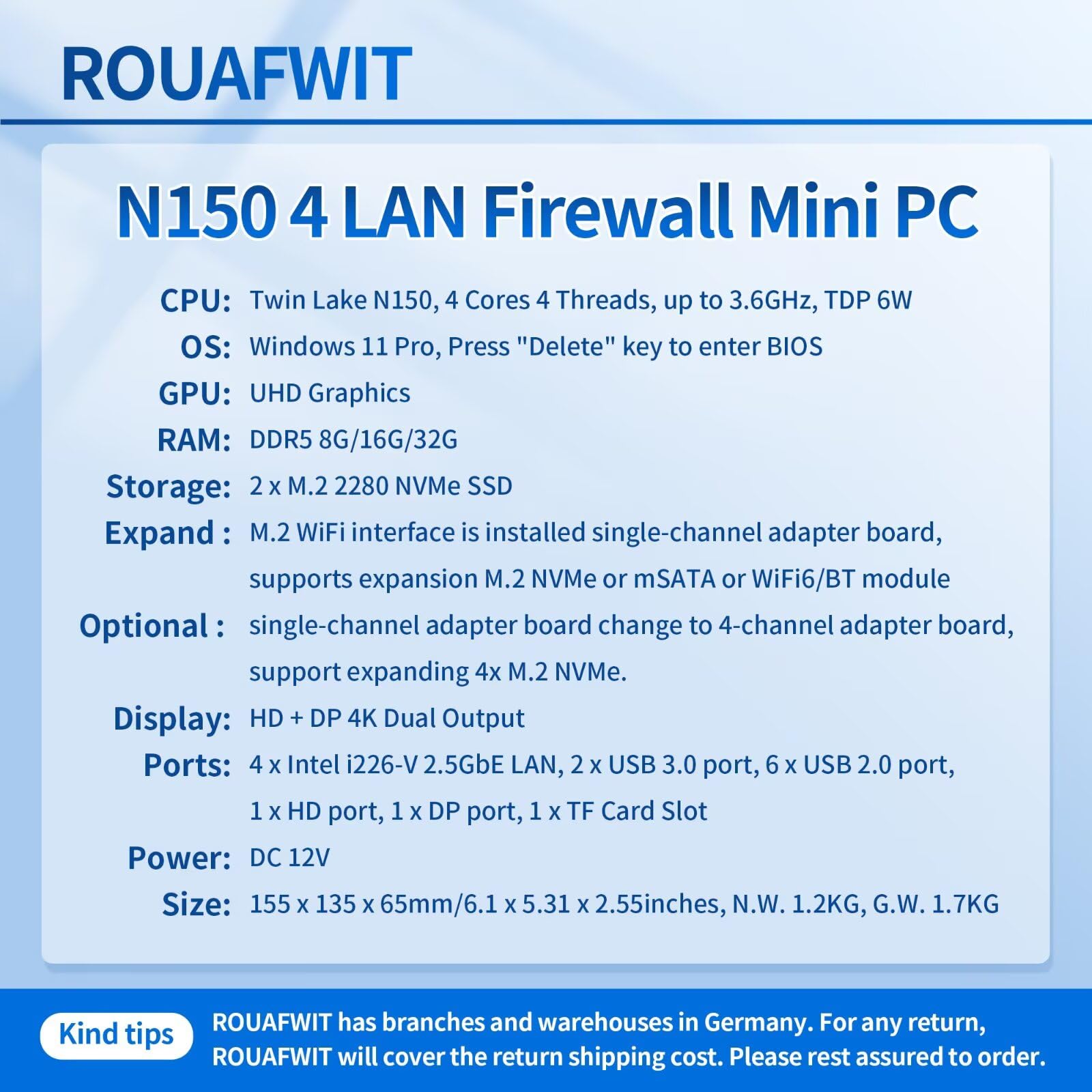 Mini PC Firewall N150 (Upgraded N100), Micro Computer OPNsense Appliance, DDR5 NO RAM NO SSD, 4 x 2.5GbE i226V LAN Fanless Hardware, TF Slot, Support 1v4 Nvme Adapter