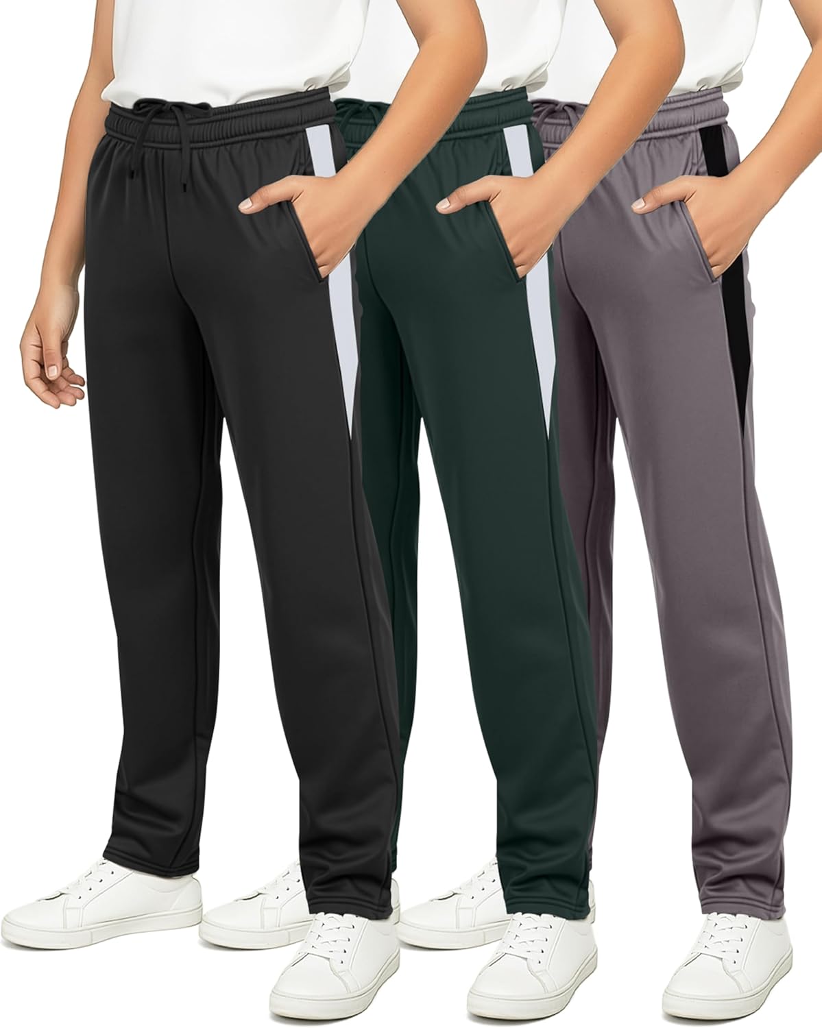 Real Essentials 3 Pack: Boys' Tricot Open Bottom Sweatpants - Athletic Running Pants with Pockets for Kids Teens Youth