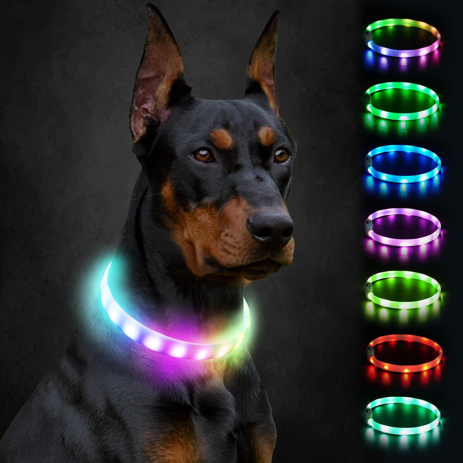 Light Up Dog Collar, Rainproof and Rechargeable LED, 9 Flashing Modes, Glow for Night Walking, Cuttable Soft Silicone Collar for Large Medium Small Dogs, 27.5 Inch