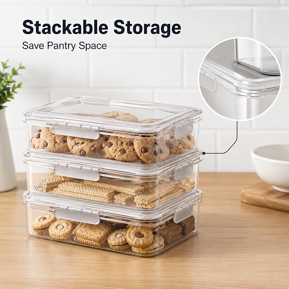 Cracker Storage Container, Biscuit Tins Large Airtight Biscuit Container with Hidden Handles, Clear Biscuit Box Cookie Storage Container for Fridge, Freezer, Pantry