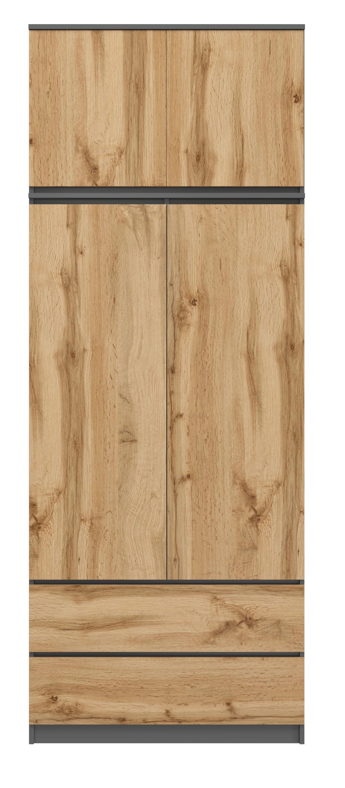 Großer Kleiderschrank, Schrank mit 4 Türen, 2 Schubladen, 6 Einlegeböden und Kleiderständer, Mehrzweckschrank, Garderobenschrank 235x90x50,5cm (Grafit/Eiche Wotan)
