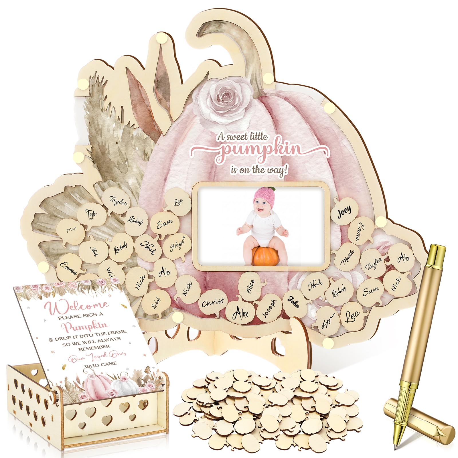 Wenqik 63 Pcs Pink Little Pumpkin Baby Shower Guest Book,Pink