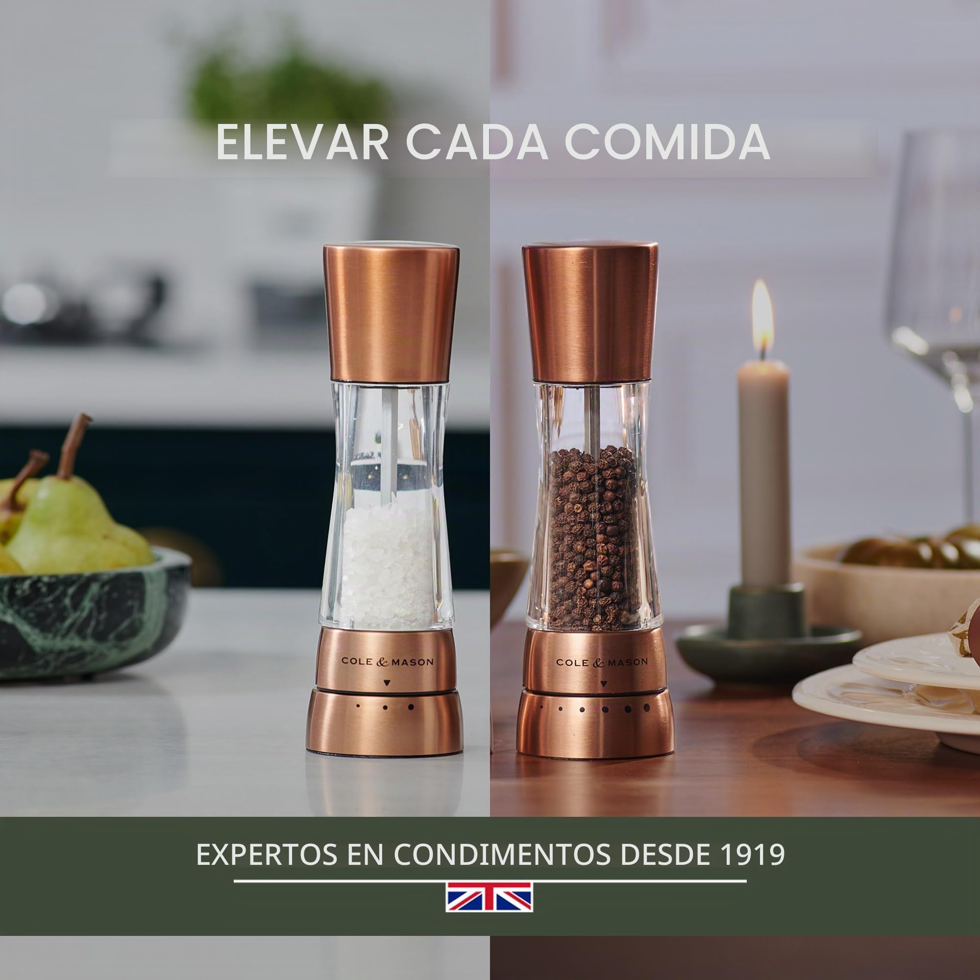 Cole & Mason Derwent Cobre Molinillos de Sal y Pimienta, Molinillo Especias, Juego de Molinillos con Grosor Ajustable, Acero Inoxidable/Acrílico, 190mm, H59418G