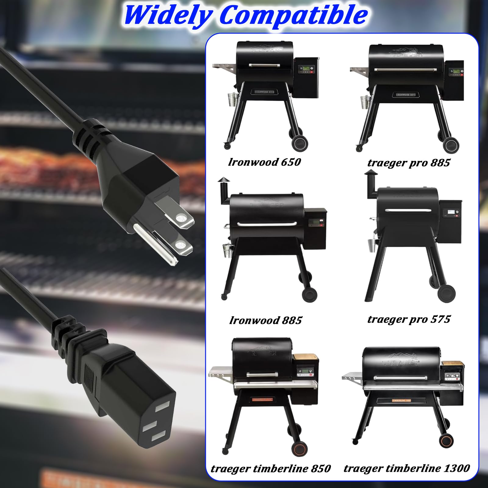 Replacement Power Cord for Pellet Smoker Grill - Compatible with Traeger Ironwood 650 & 885, Pro Series 575 & 780, Timberline 1300 & 850, 6.5 Feet Black