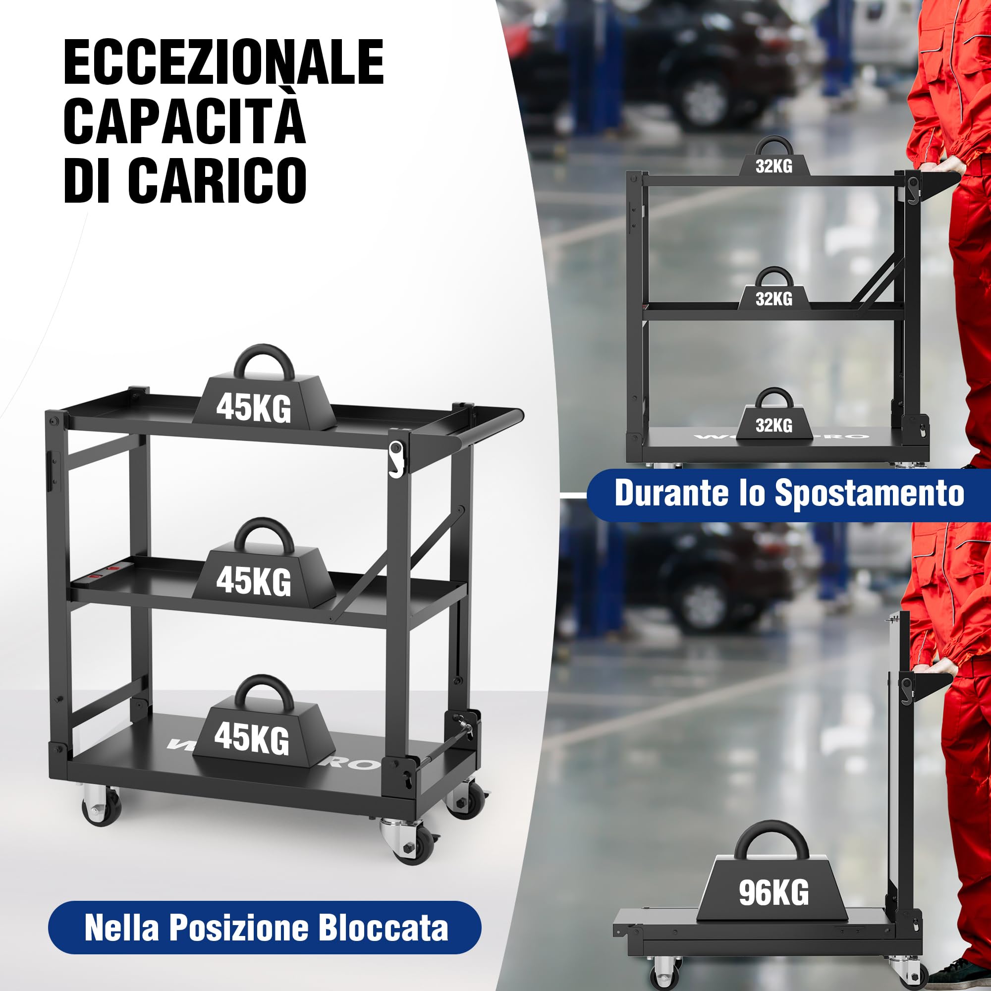 WORKPRO 3-IN-1 Carrello Porta Attrezzi con Ruote Portatutto a 3 Ripiani, Carrello Officina multifunzione carico di 135 kg con 4 Ruote (2 con Freno) Ideale per garage, magazzini, uffici, cucine