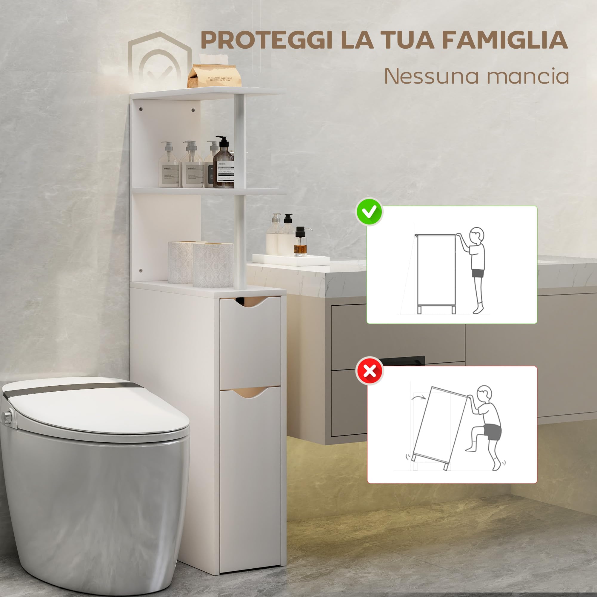 HOMCOM Mobile Bagno Slim, con Cassetti e Ripiani, 20x45x115 cm Bianco | Mobiletto Bagno Salvaspazio, con Cassetto e Rotelle, Colonna per Sala da Pranzo Soggiorno